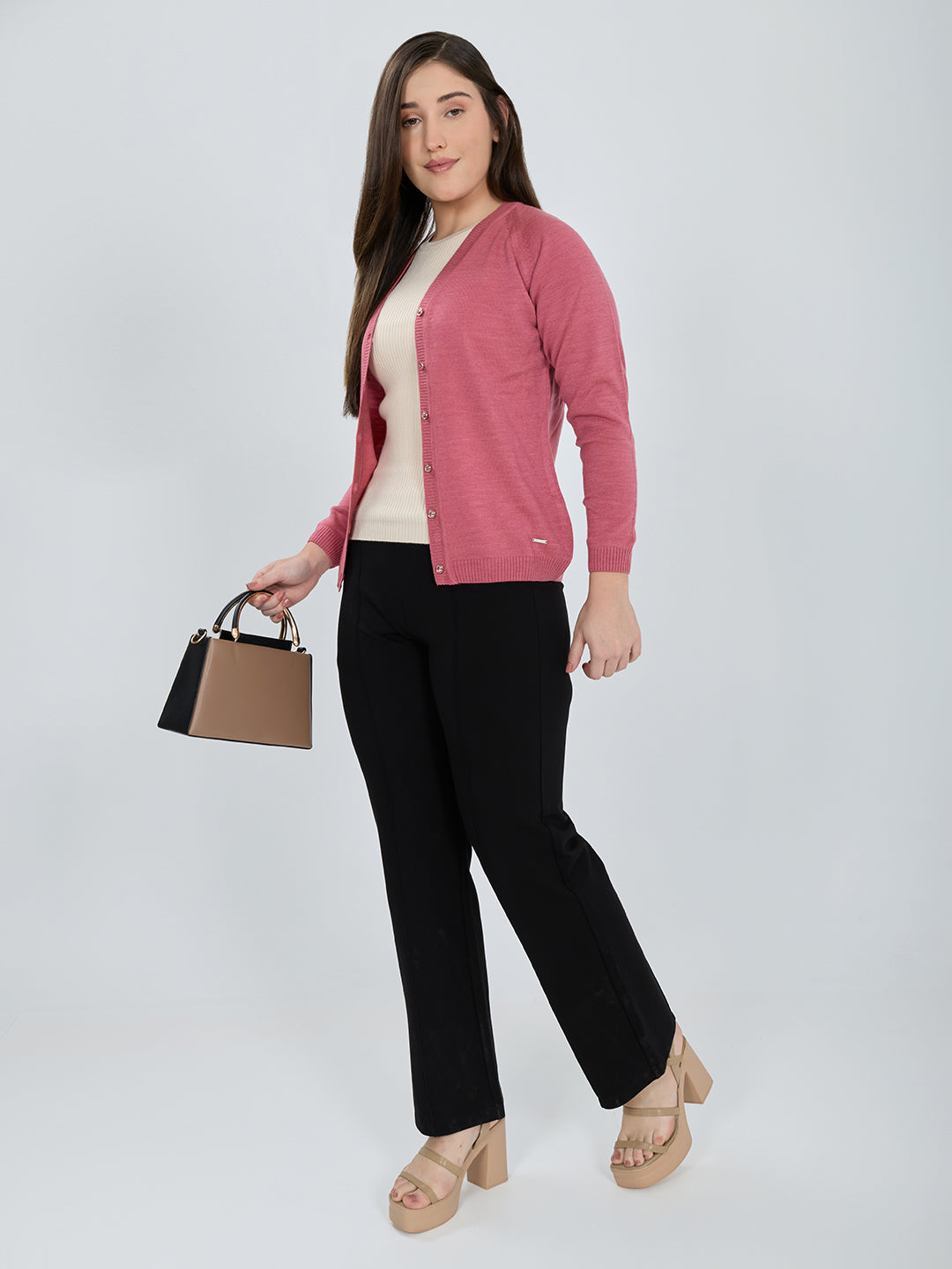 Women Pink Solid V Neck Full Sleeve Cardigan