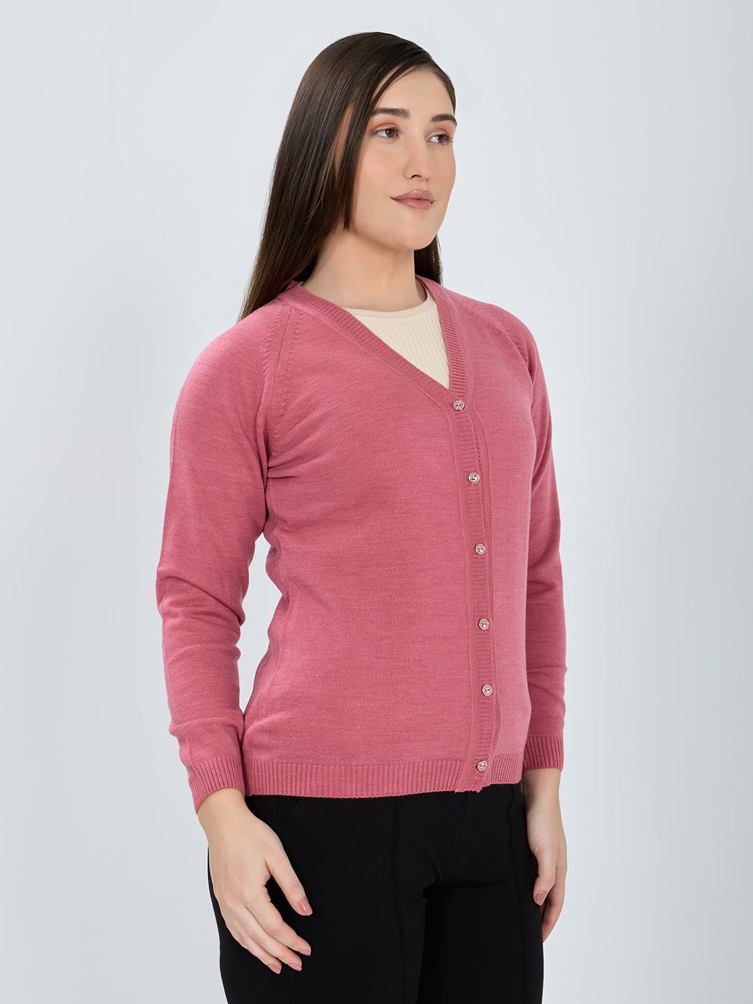 Women Pink Solid V Neck Full Sleeve Cardigan