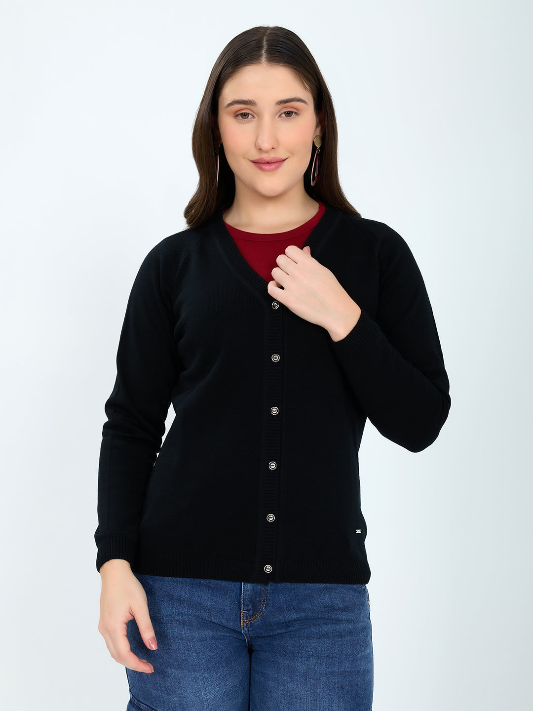 Women Black Solid V Neck Full Sleeve Cardigan