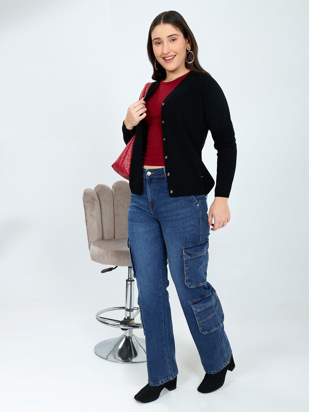Women Black Solid V Neck Full Sleeve Cardigan