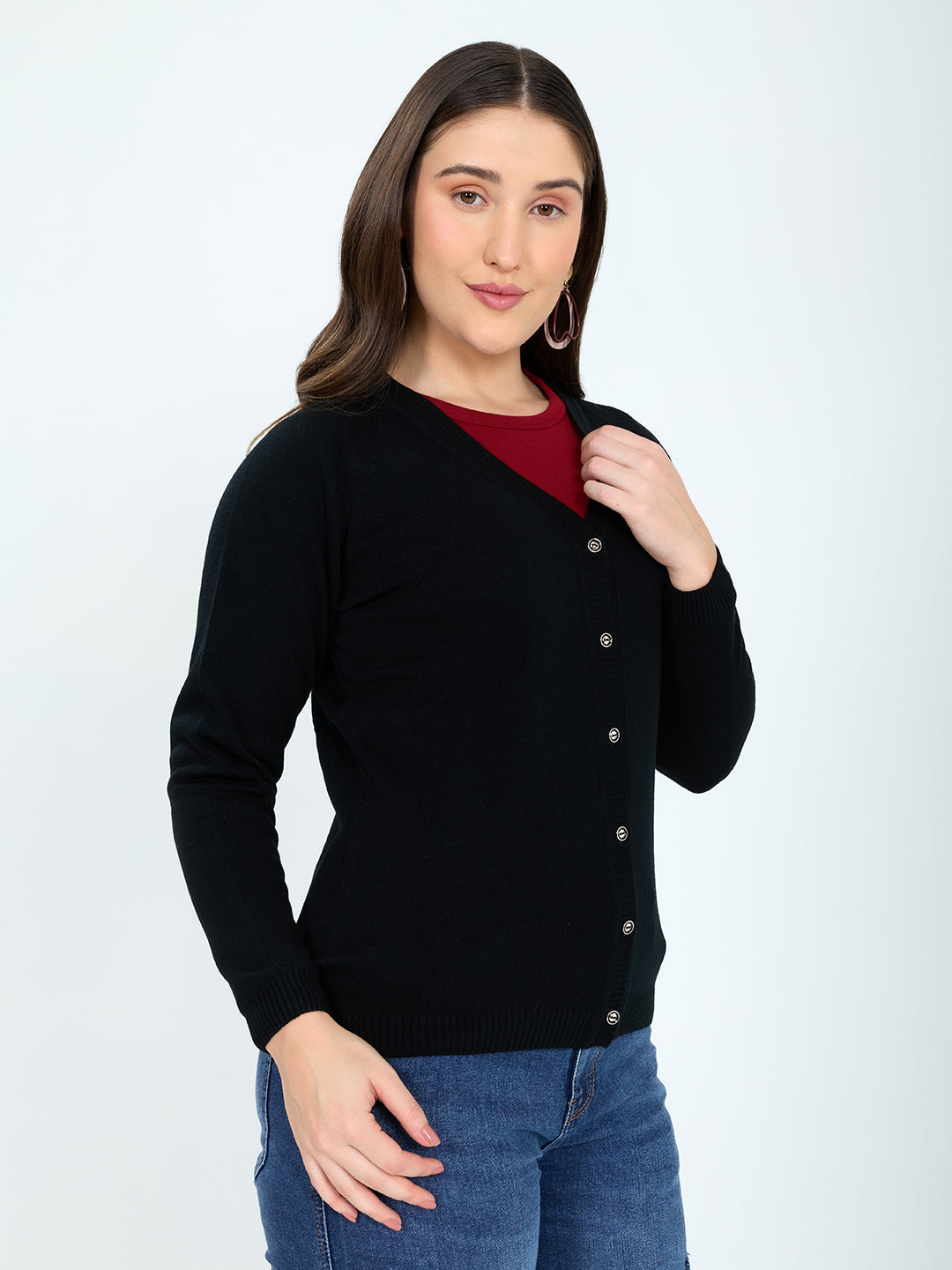 Women Black Solid V Neck Full Sleeve Cardigan