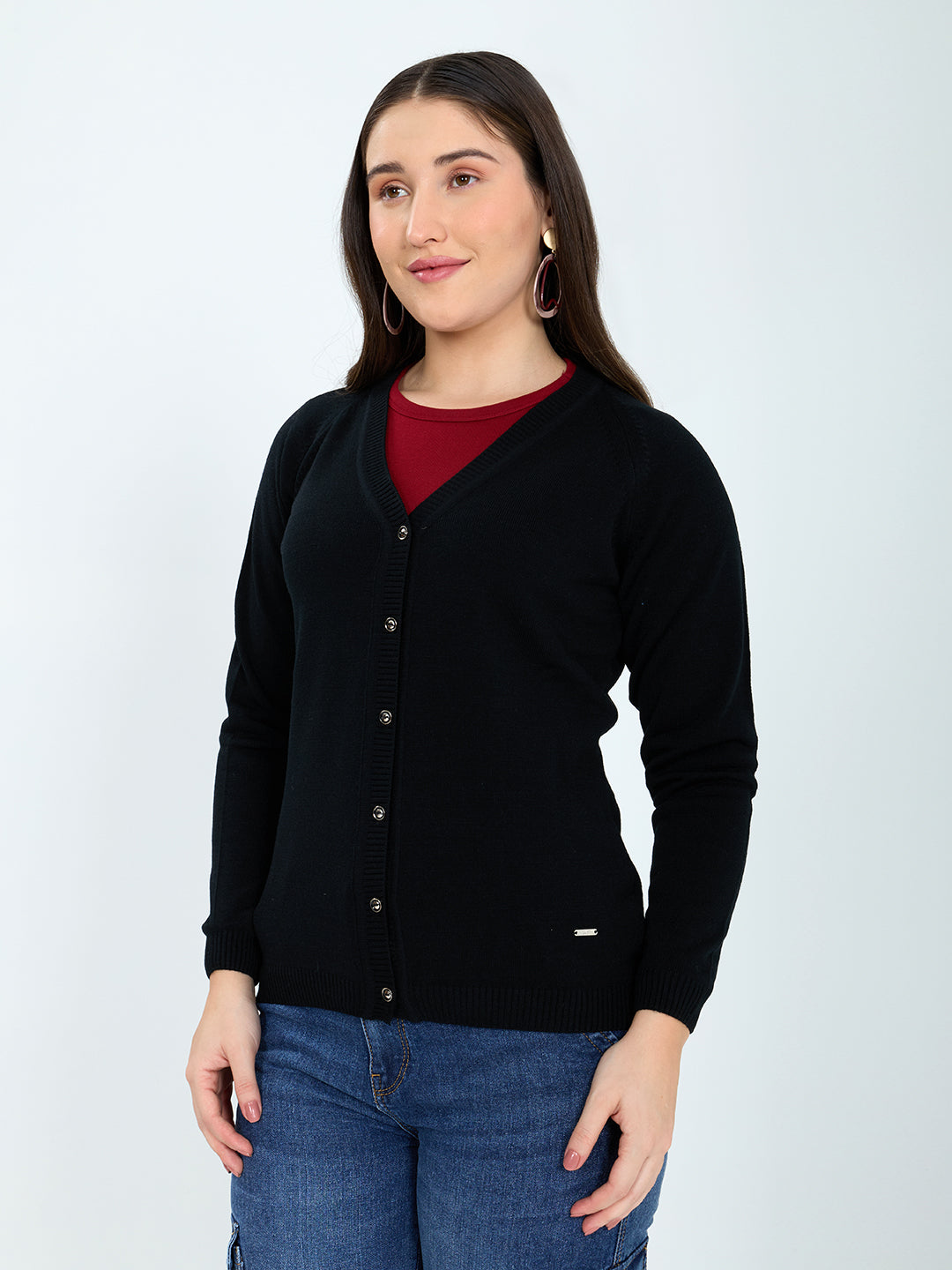 Women Black Solid V Neck Full Sleeve Cardigan