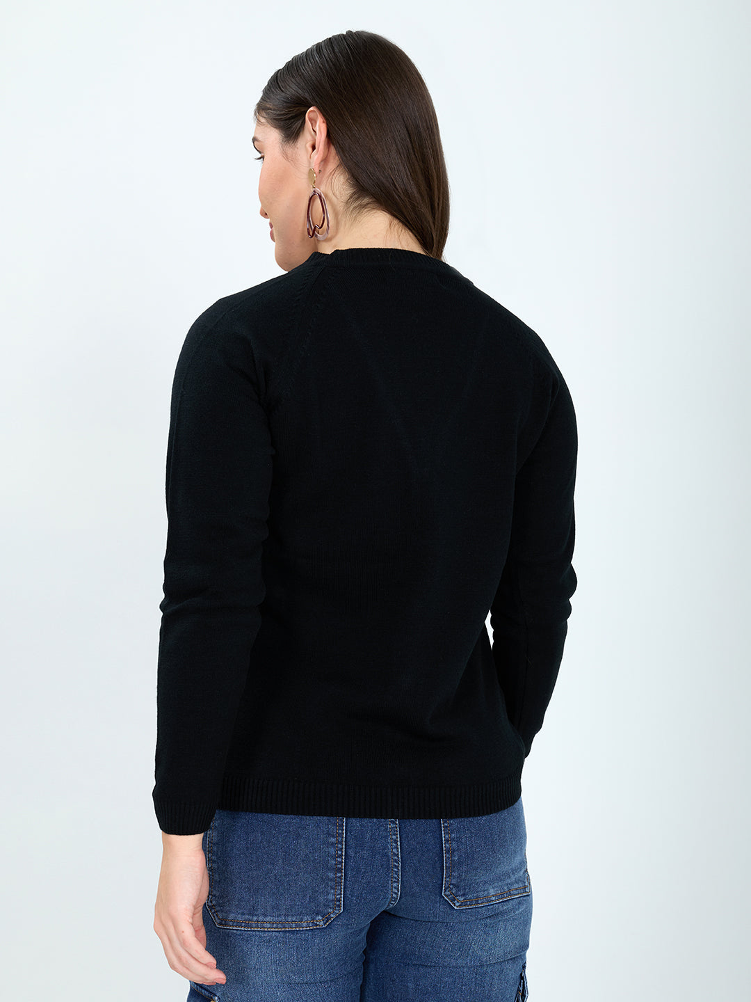 Women Black Solid V Neck Full Sleeve Cardigan