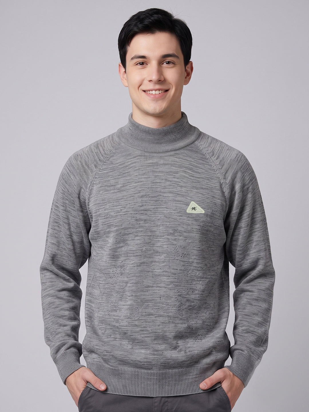 Men Grey Solid Turtle Neck Full Sleeve Pullover