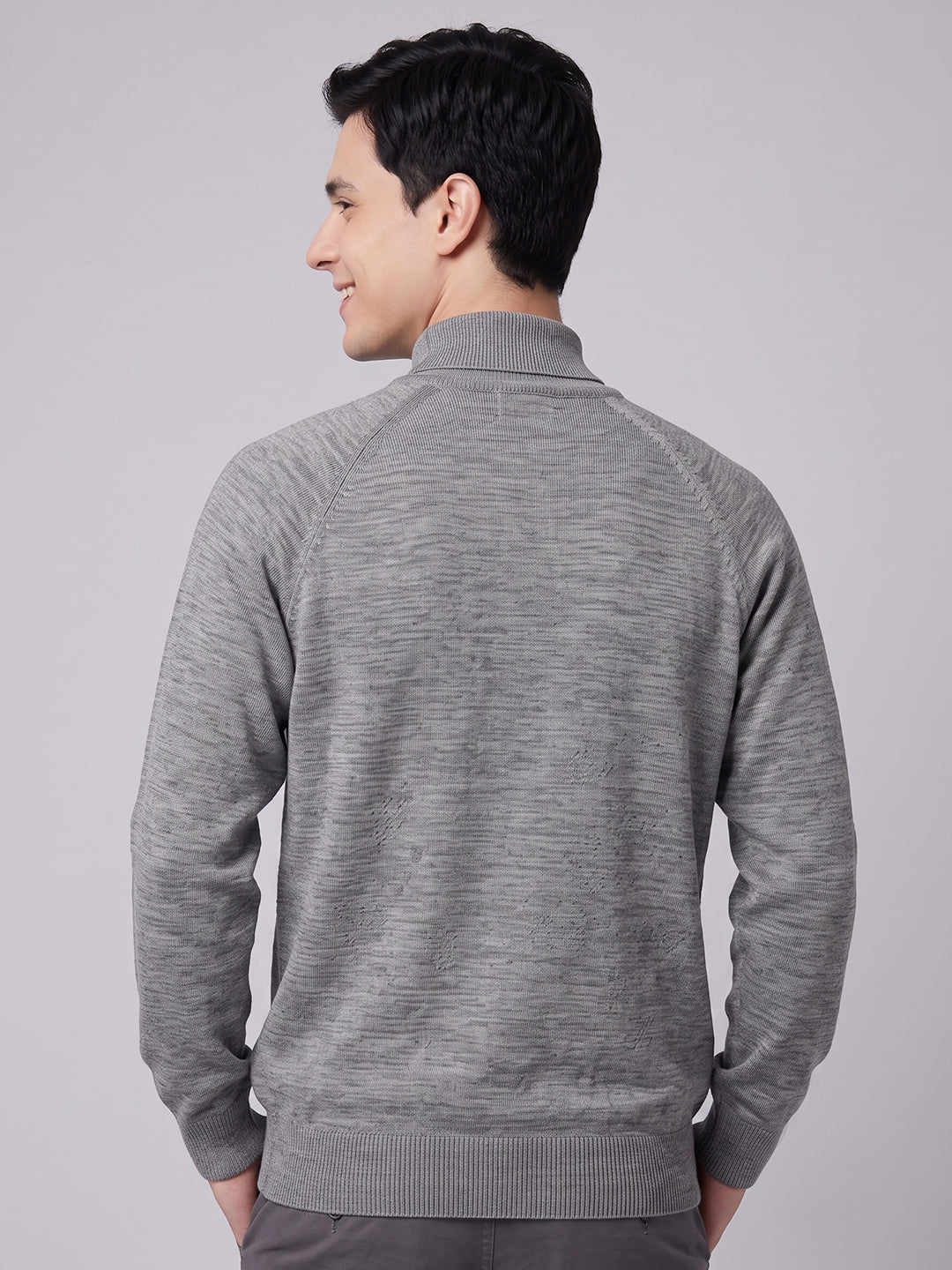 Men Grey Solid Turtle Neck Full Sleeve Pullover