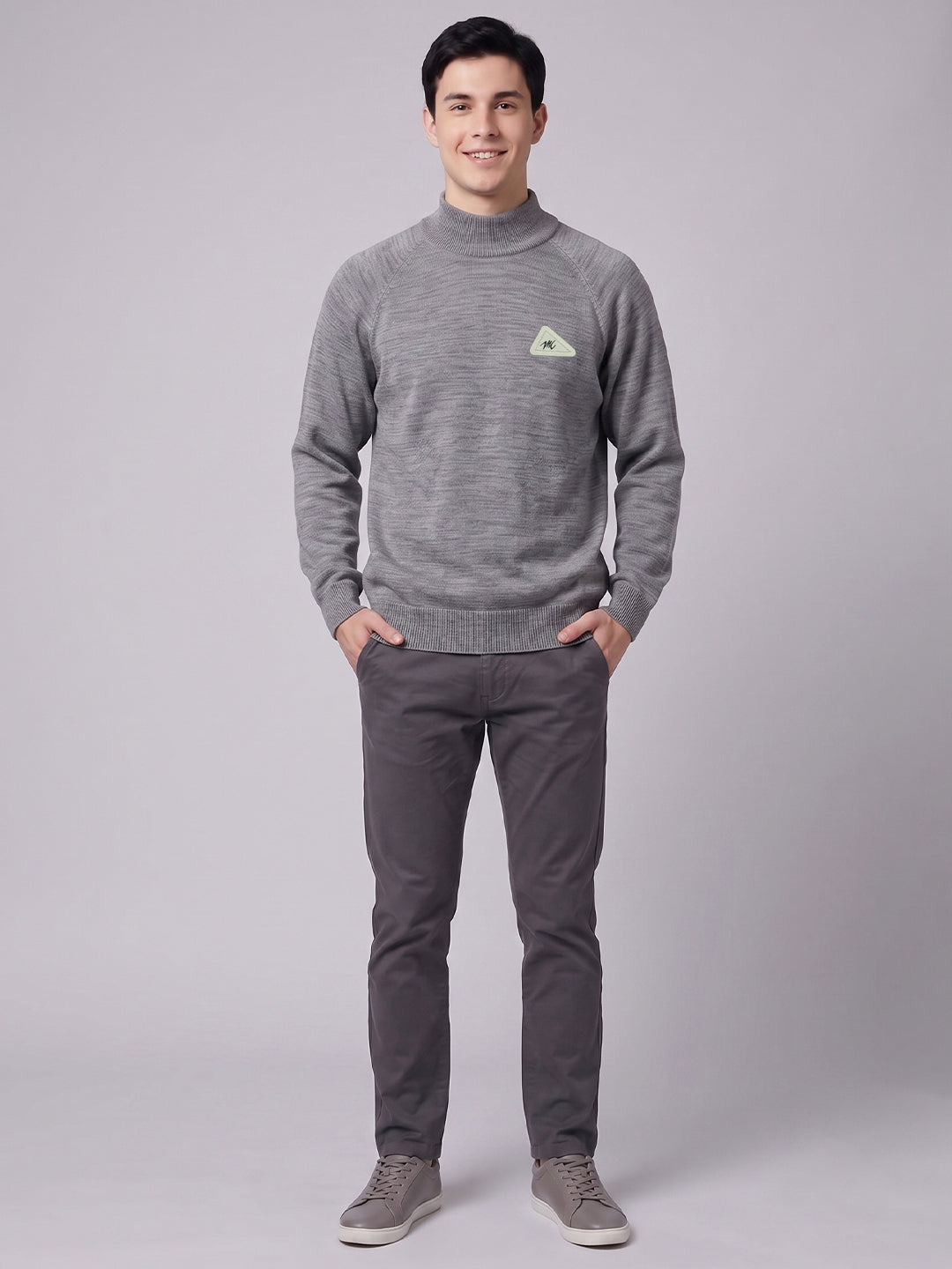 Men Grey Solid Turtle Neck Full Sleeve Pullover