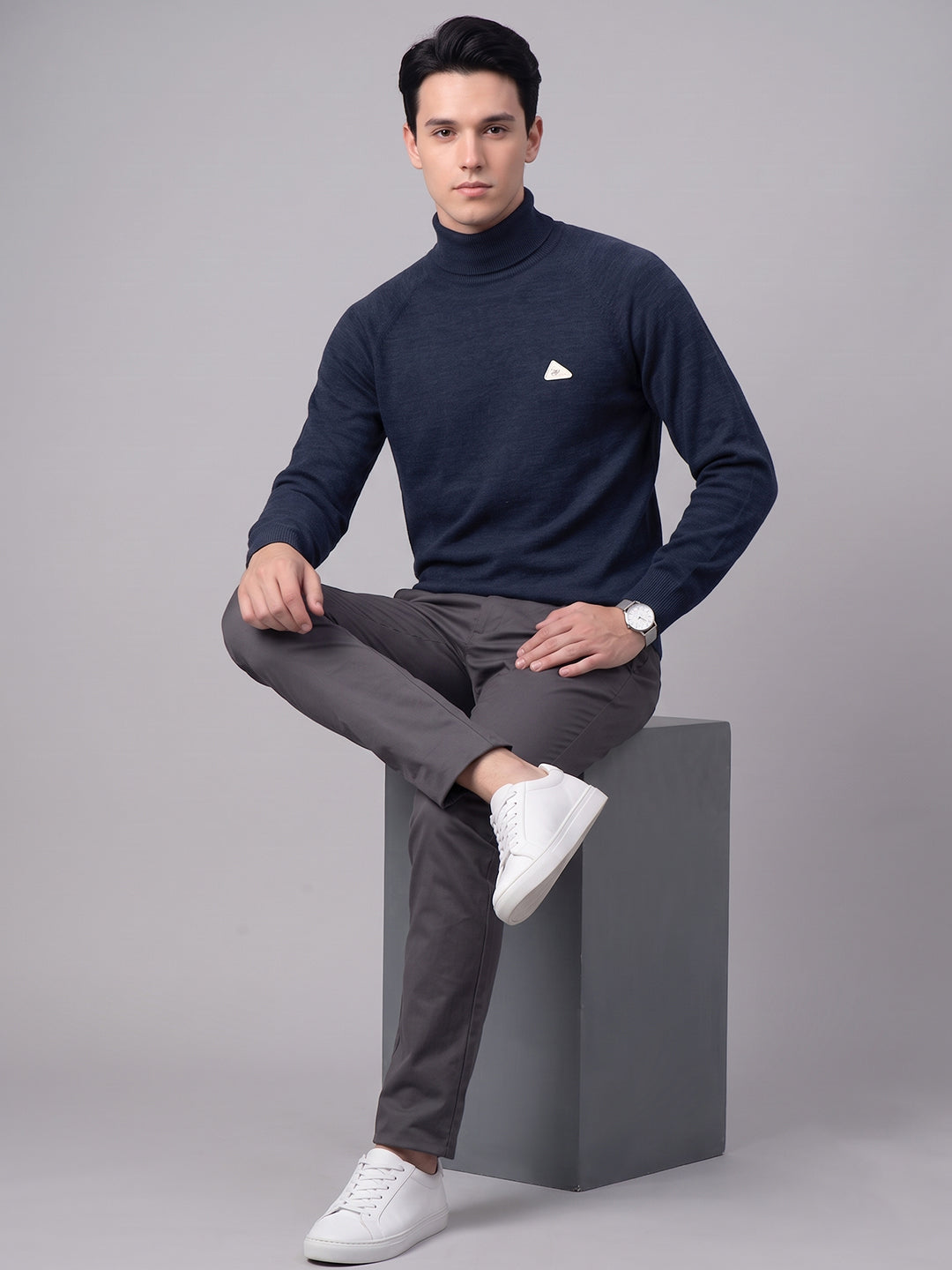Men Blue Solid Turtle Neck Full Sleeve Pullover