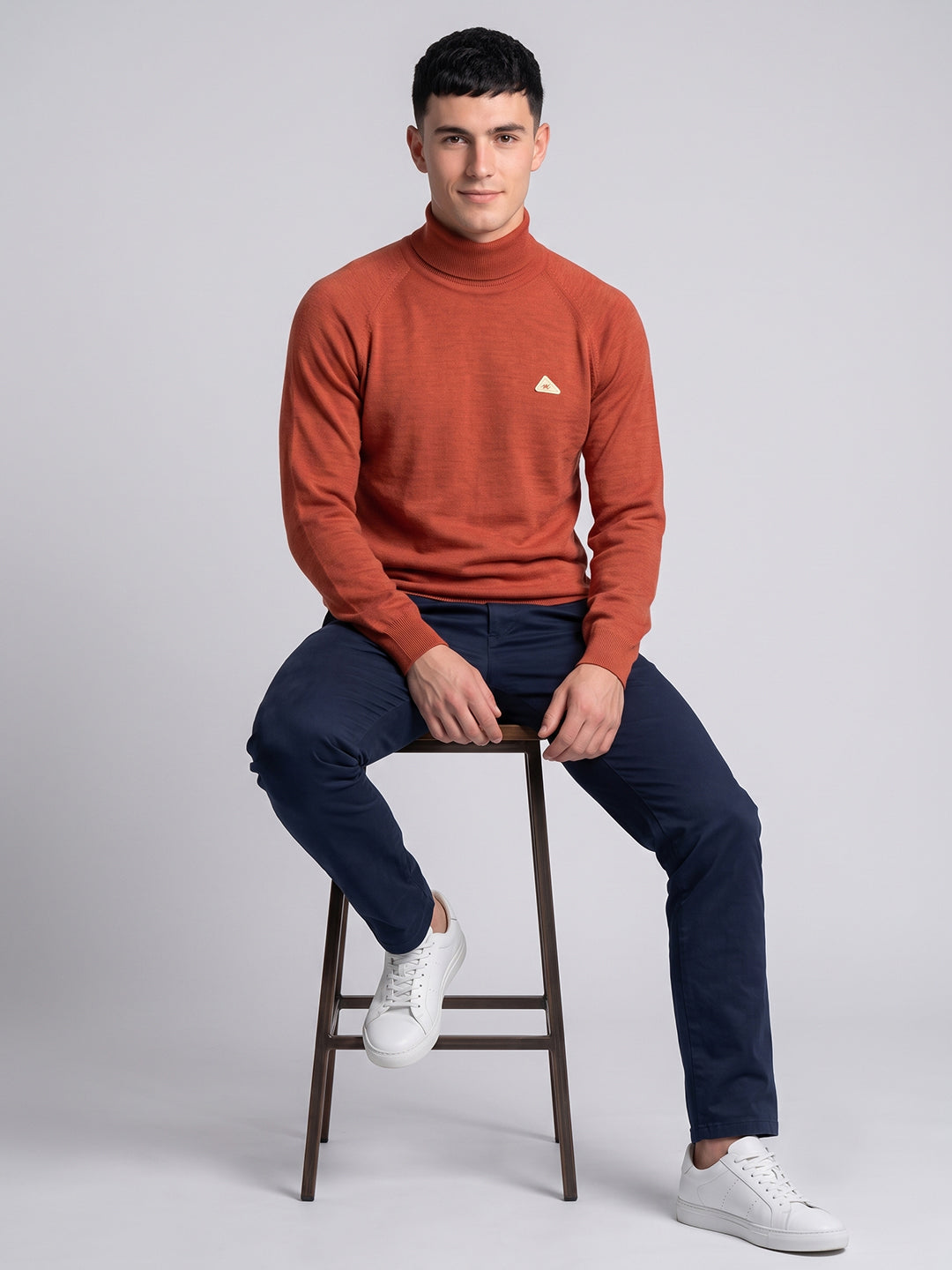 Men Orange Solid Turtle Neck Full Sleeve Pullover