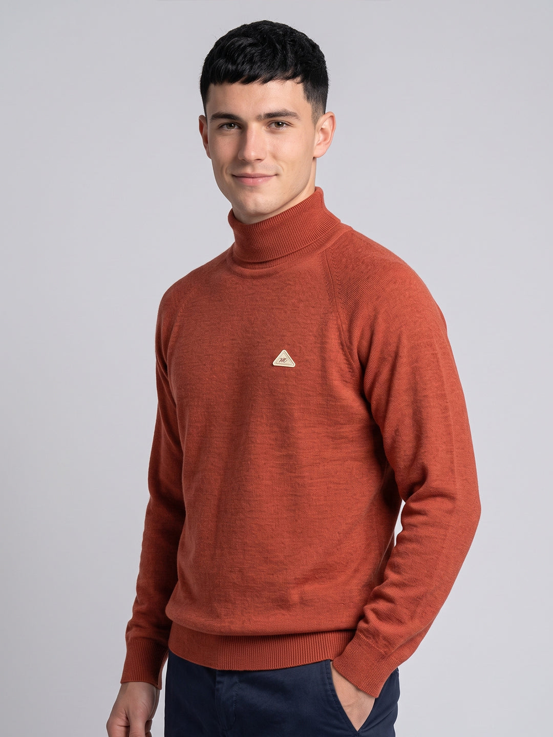 Men Orange Solid Turtle Neck Full Sleeve Pullover