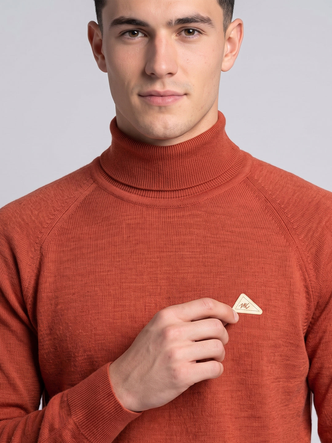 Men Orange Solid Turtle Neck Full Sleeve Pullover