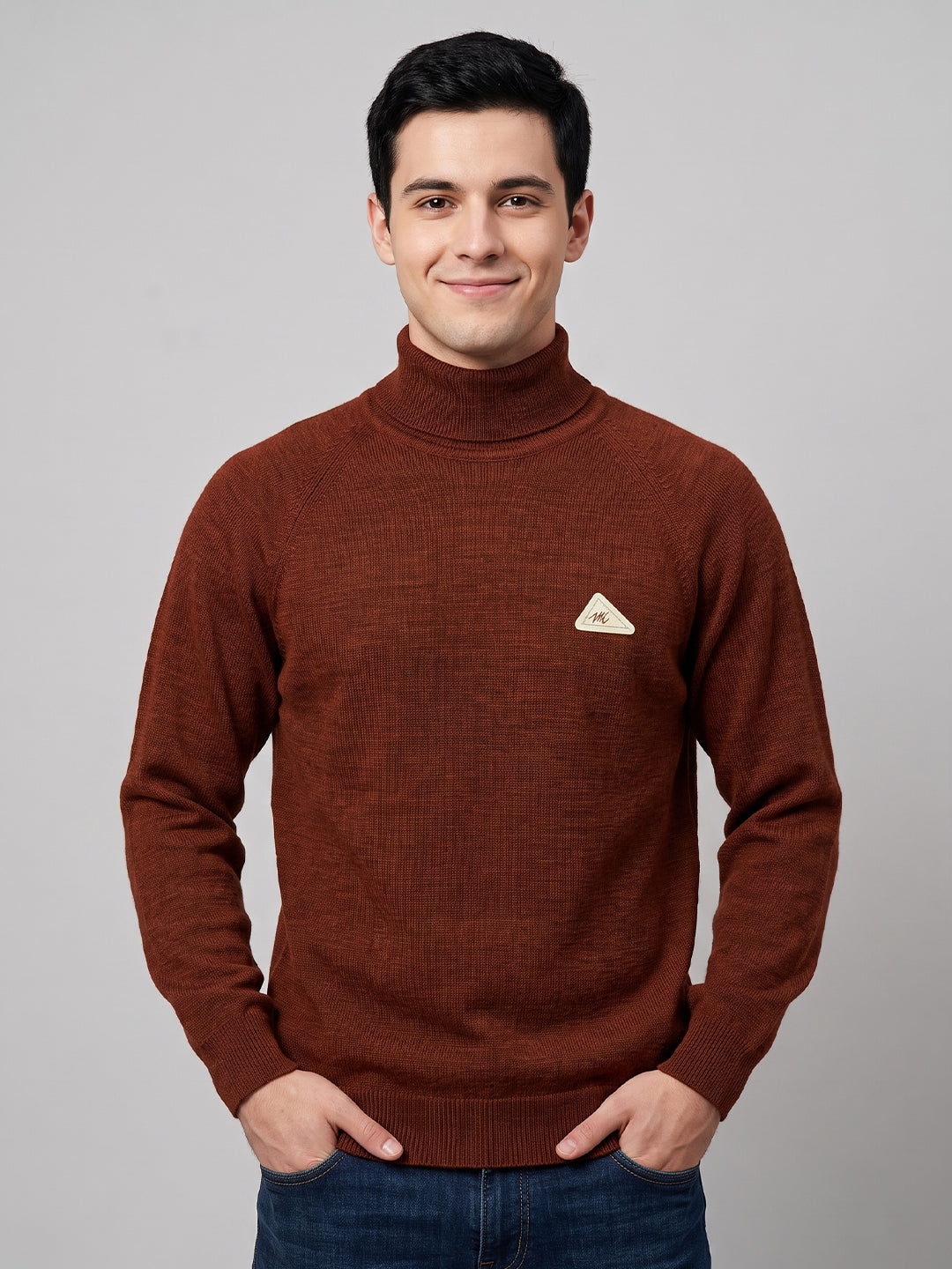 Men Rust Solid Turtle Neck Full Sleeve Pullover