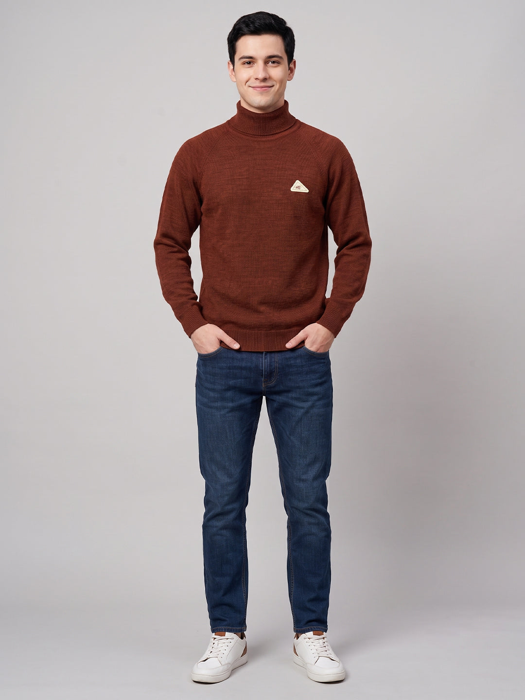 Men Rust Solid Turtle Neck Full Sleeve Pullover