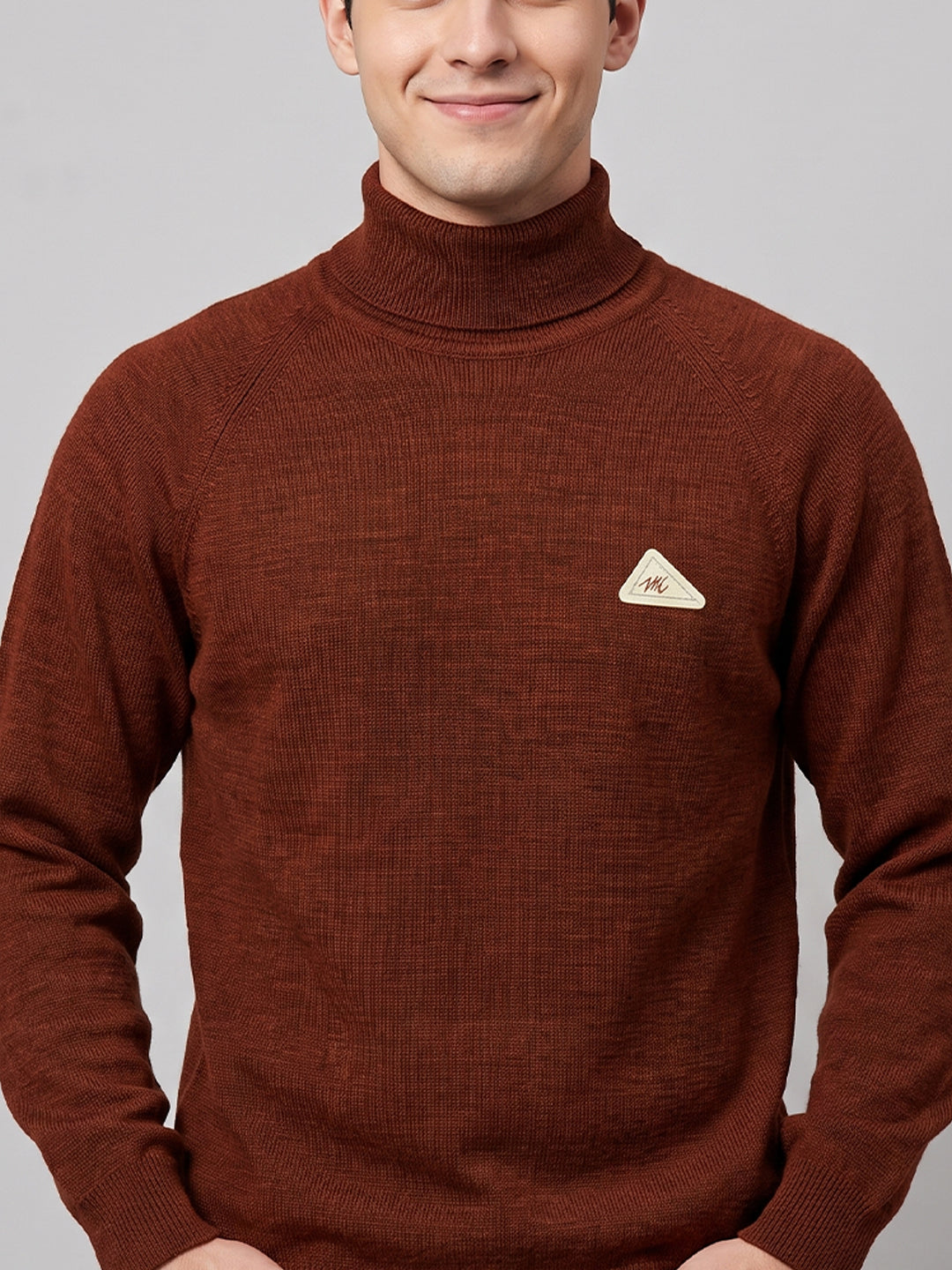 Men Rust Solid Turtle Neck Full Sleeve Pullover