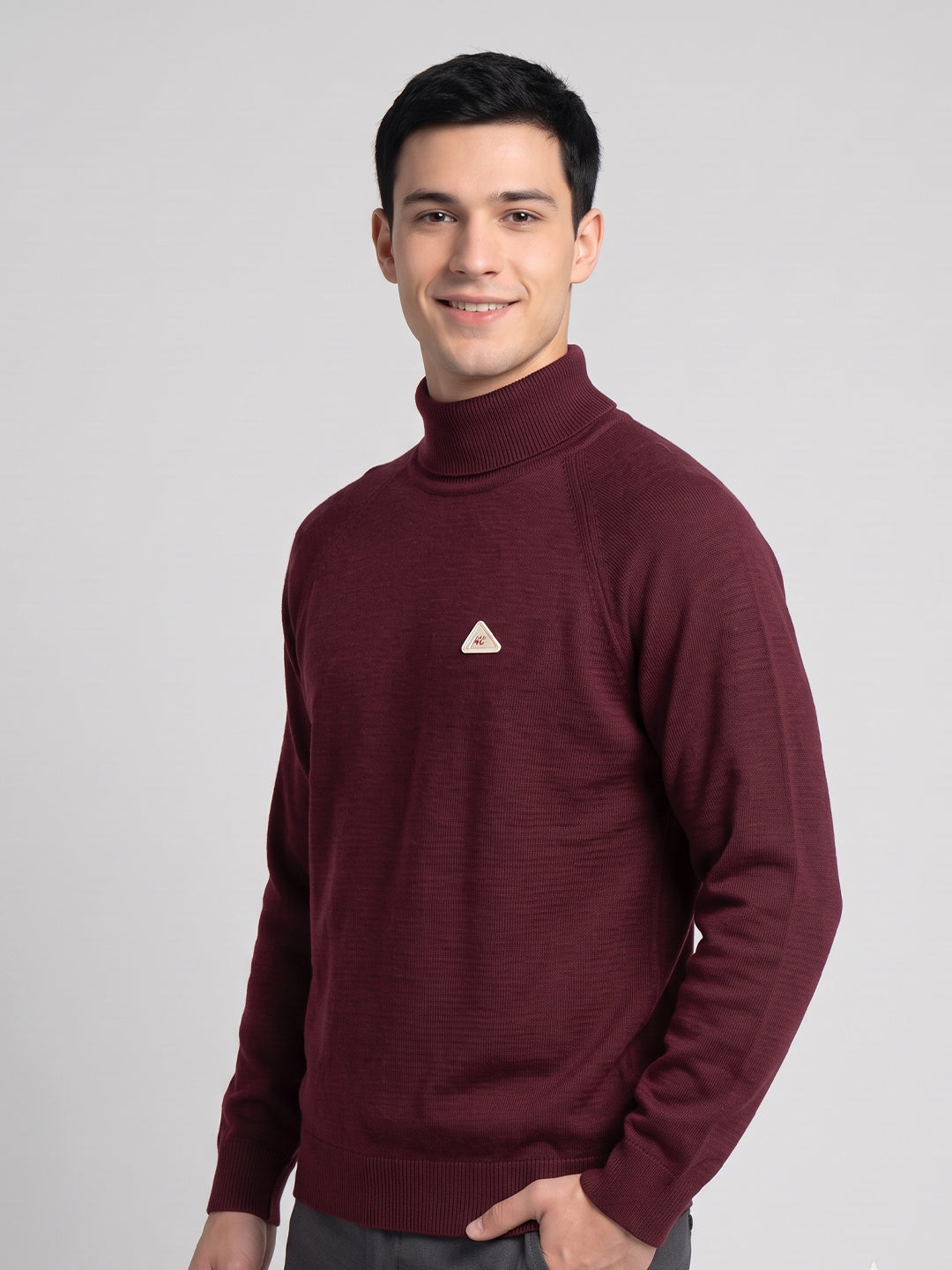 Men Red Solid Turtle Neck Full Sleeve Pullover