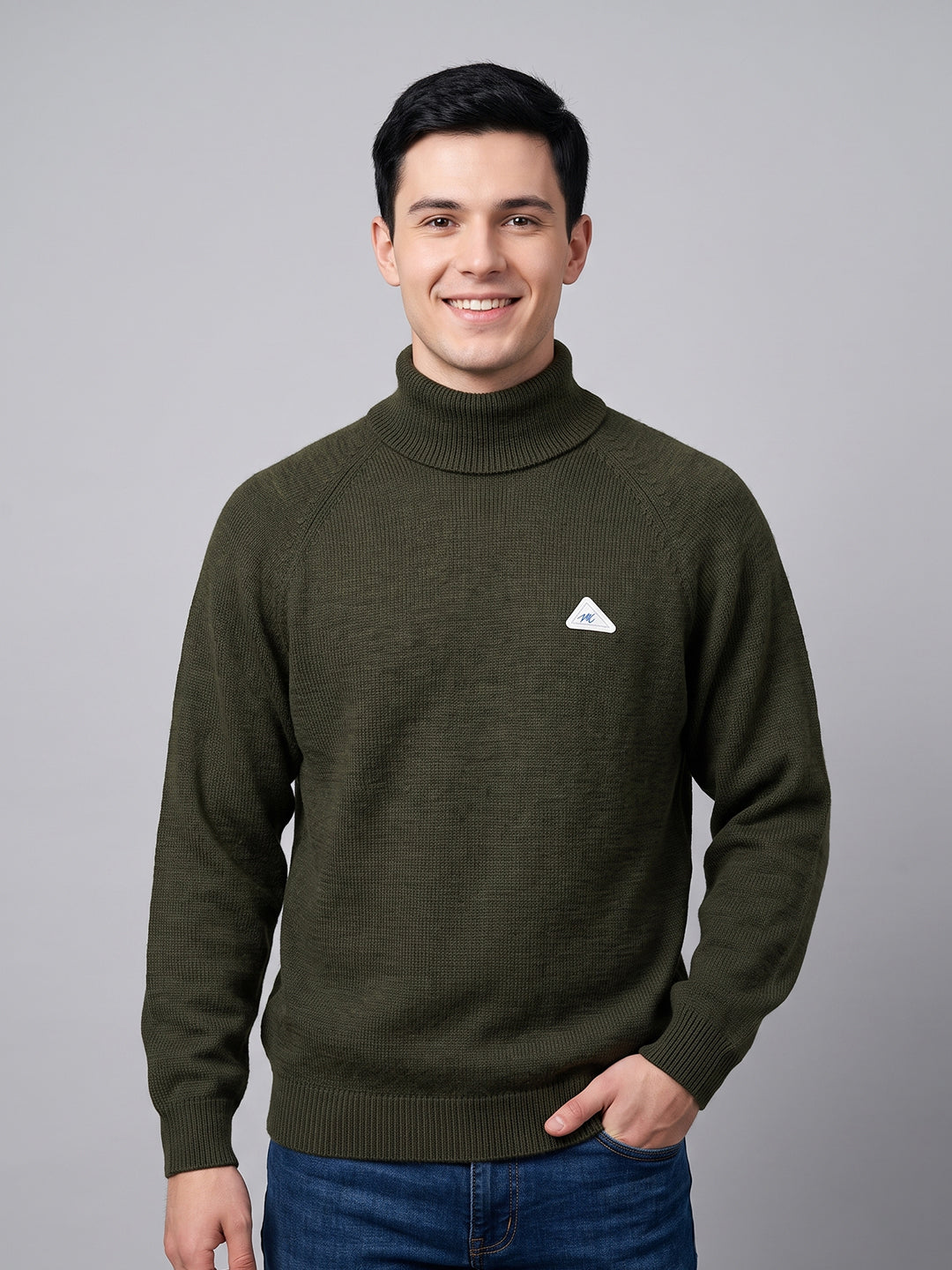 Men Green Solid Turtle Neck Full Sleeve Pullover