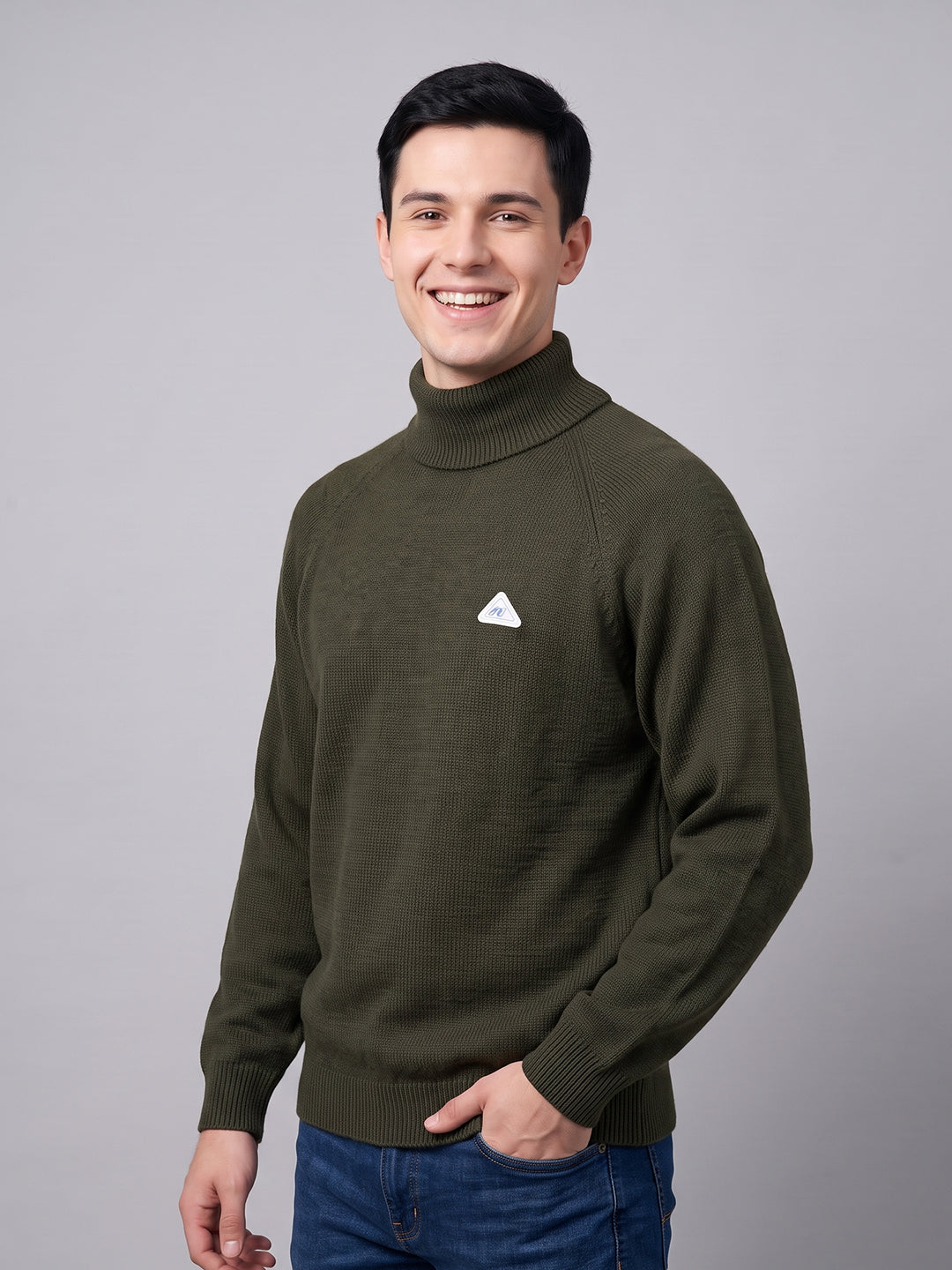 Men Green Solid Turtle Neck Full Sleeve Pullover