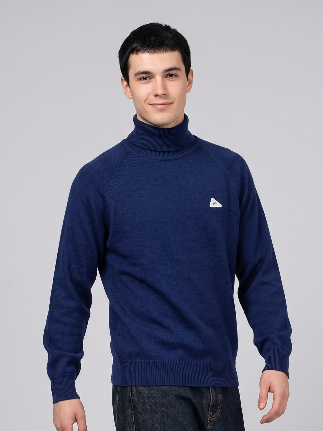 Men Blue Solid Turtle Neck Full Sleeve Pullover