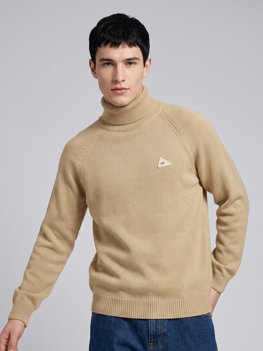 Men Camel Brown Solid Turtle Neck Full Sleeve Pullover