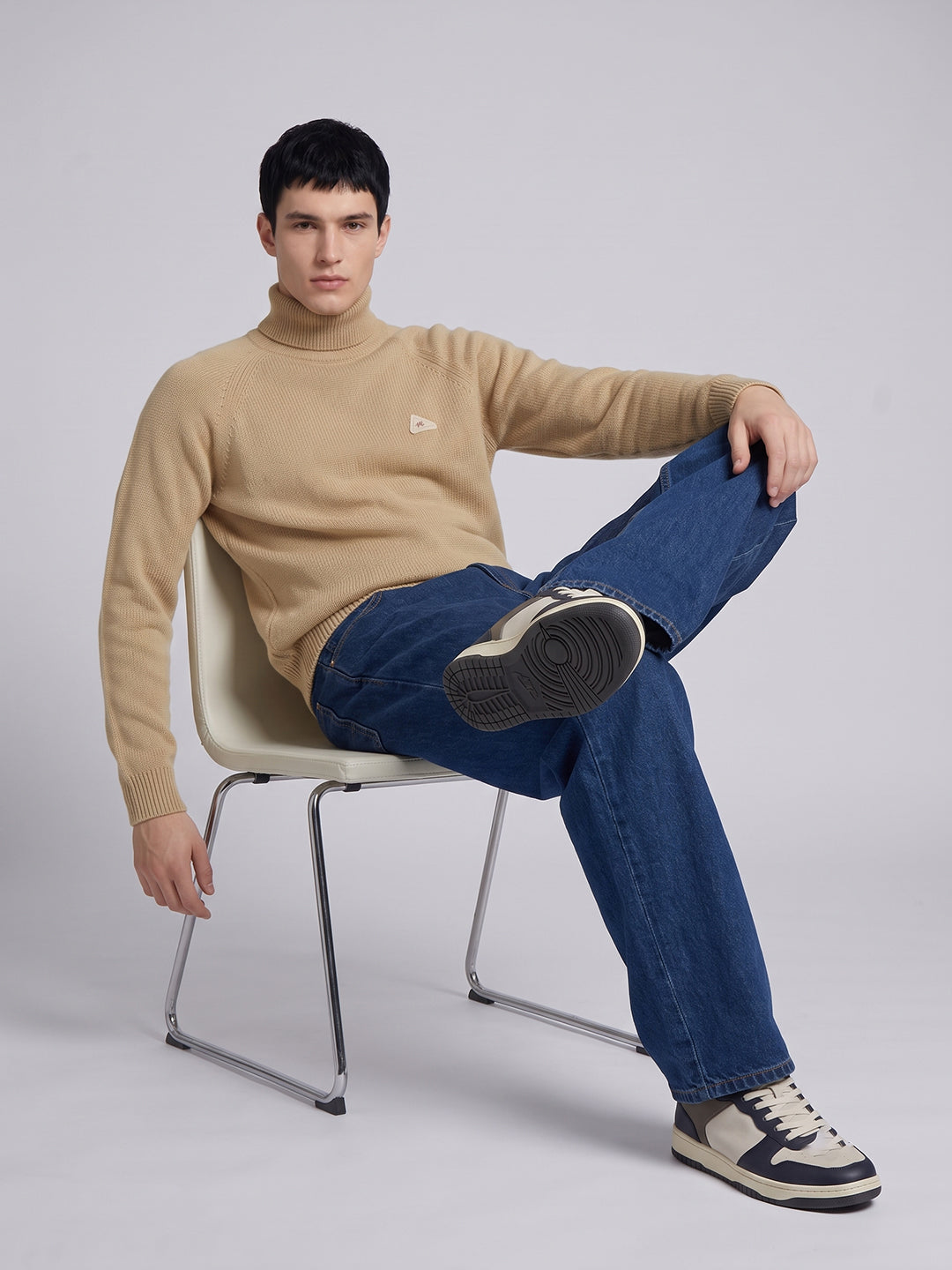 Men Camel Brown Solid Turtle Neck Full Sleeve Pullover