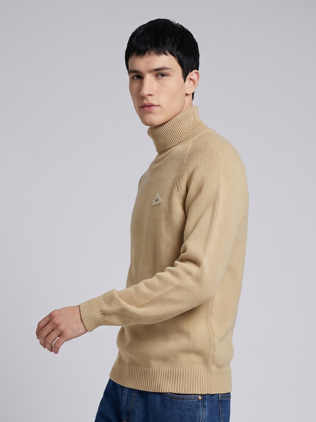 Men Camel Brown Solid Turtle Neck Full Sleeve Pullover