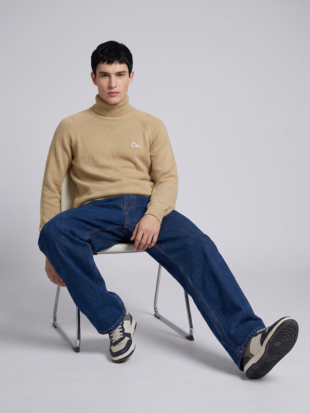 Men Camel Brown Solid Turtle Neck Full Sleeve Pullover