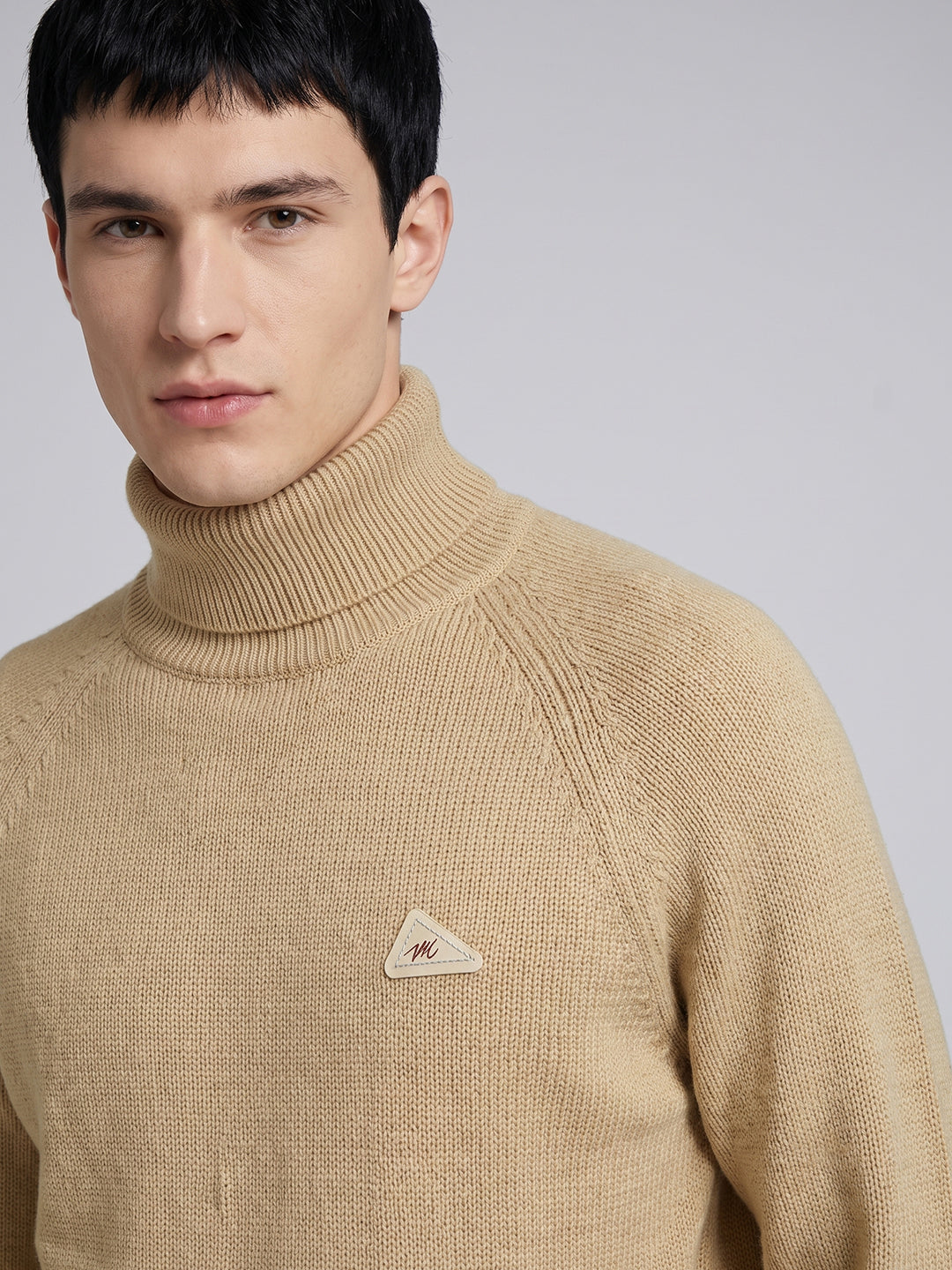 Men Camel Brown Solid Turtle Neck Full Sleeve Pullover