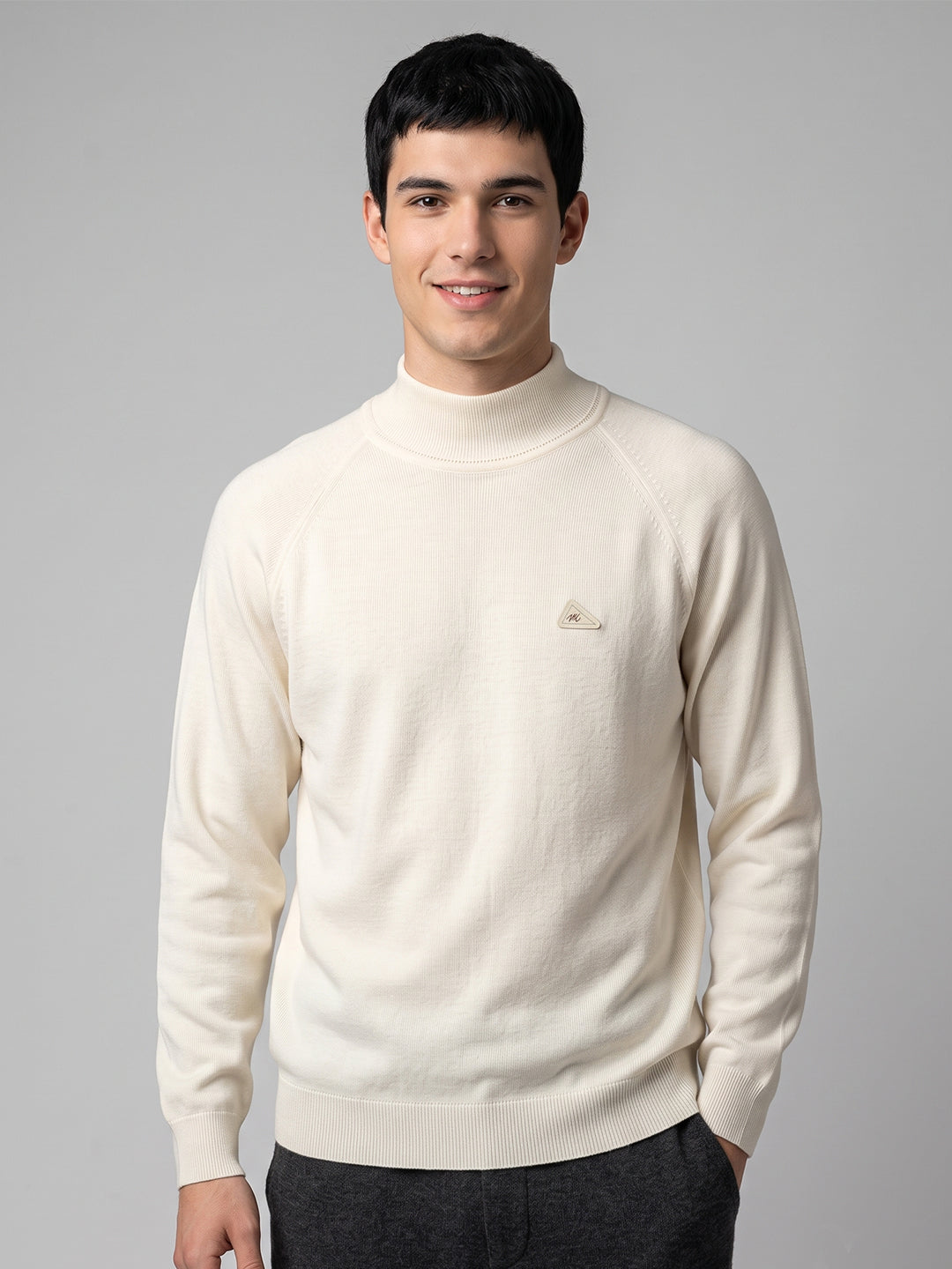 Men Cream Solid Turtle Neck Full Sleeve Pullover
