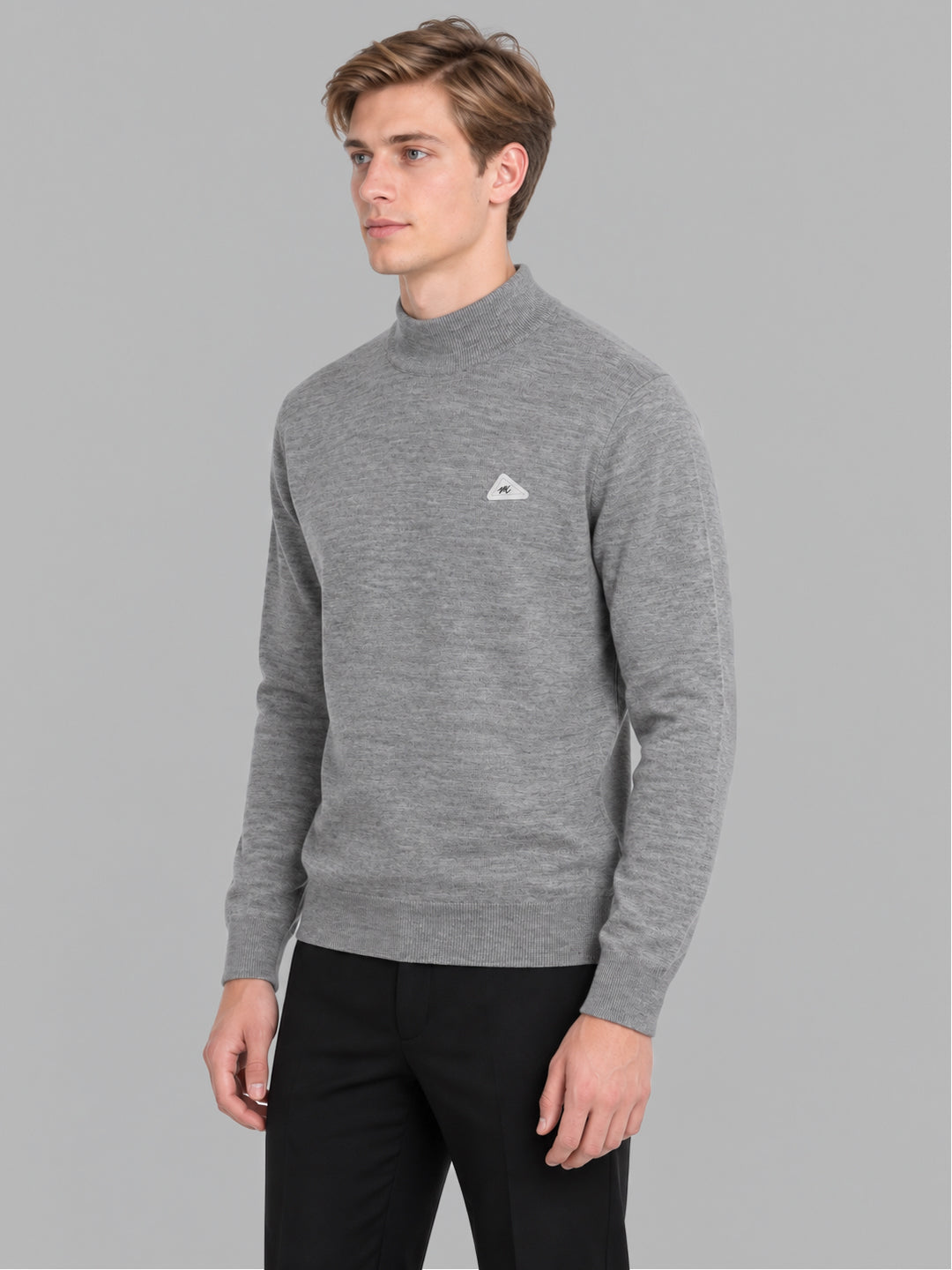 Men Grey Solid Turtle Neck Full Sleeve Pullover