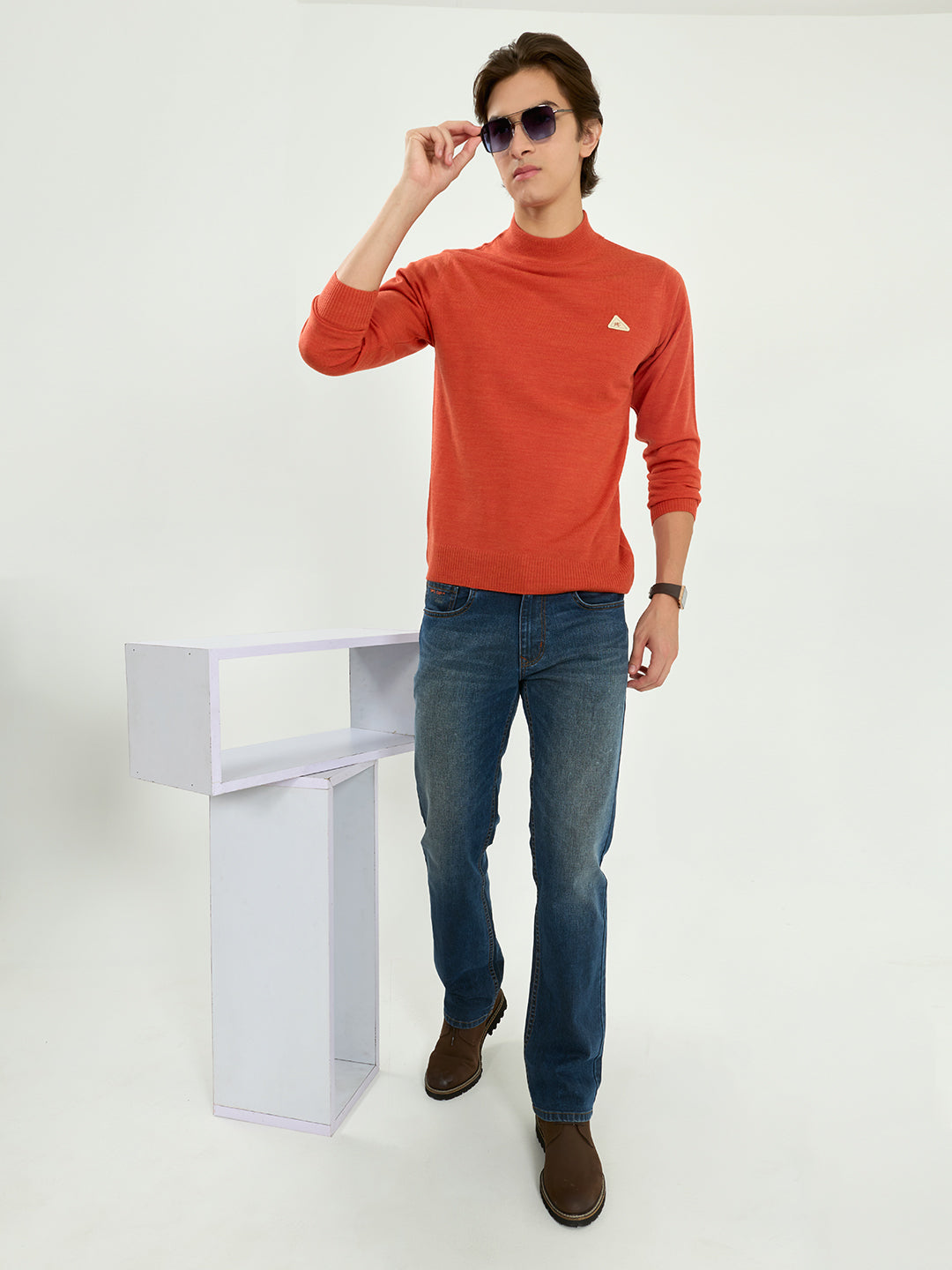 Men Rust Solid High Neck Full Sleeve Pullover