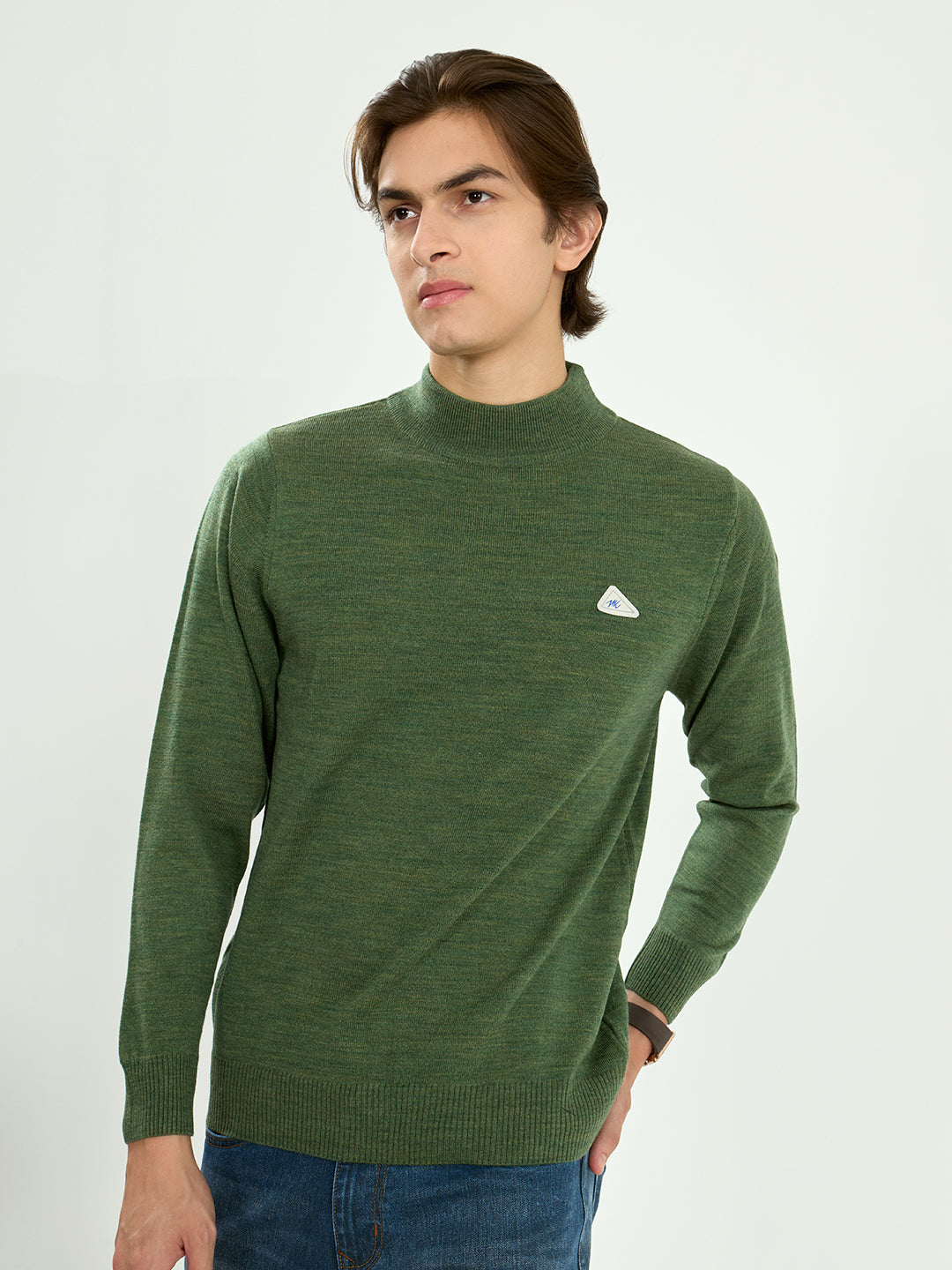 Men Green Solid High Neck Full Sleeve Pullover