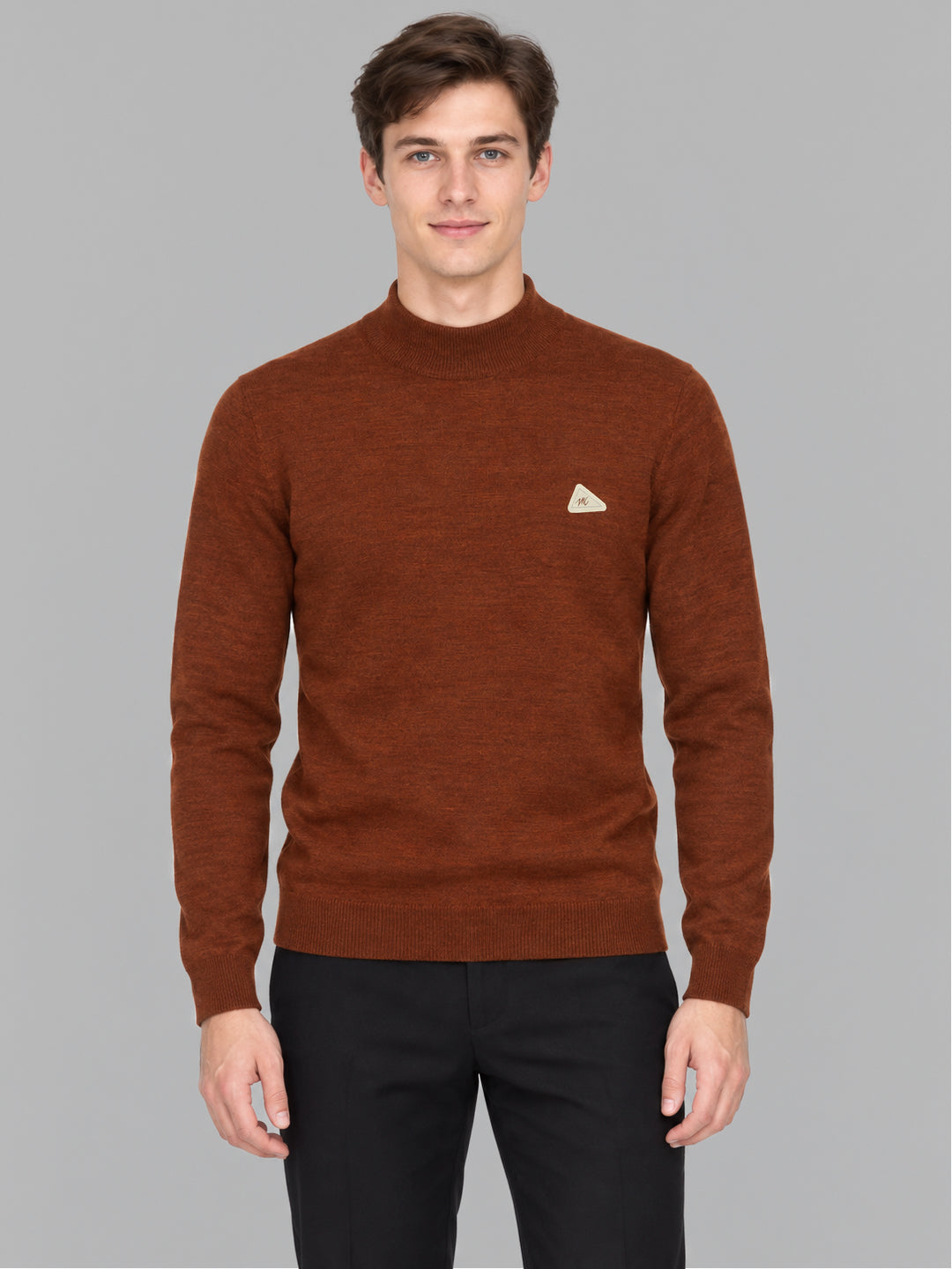 Men Rust Solid Turtle Neck Full Sleeve Pullover
