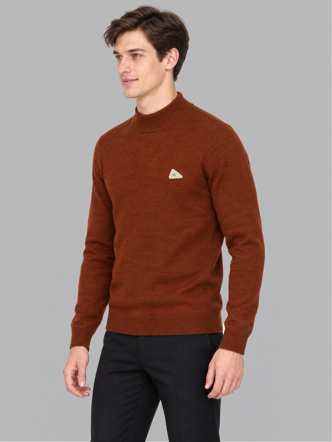 Men Rust Solid Turtle Neck Full Sleeve Pullover