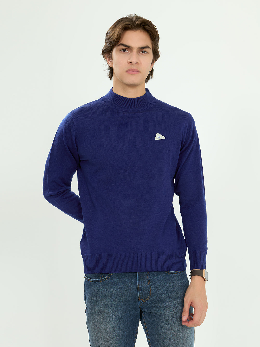 Men Royal Blue Solid High Neck Full Sleeve Pullover