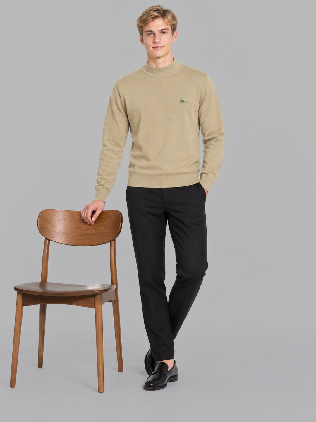 Men Camel Brown Solid Turtle Neck Full Sleeve Pullover