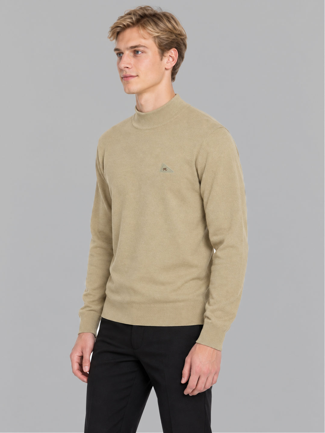 Men Camel Brown Solid Turtle Neck Full Sleeve Pullover