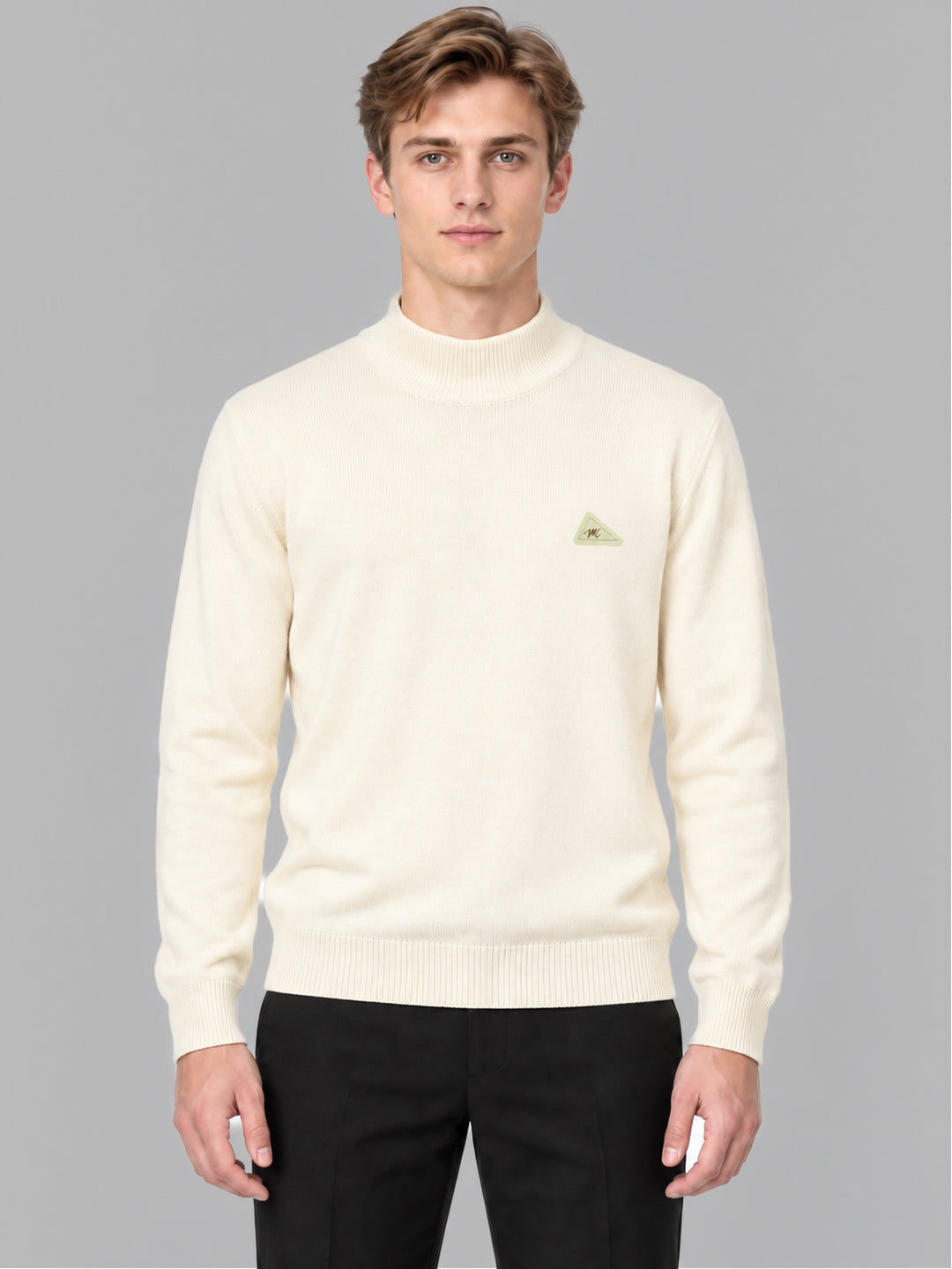 Men Cream Solid Turtle Neck Full Sleeve Pullover