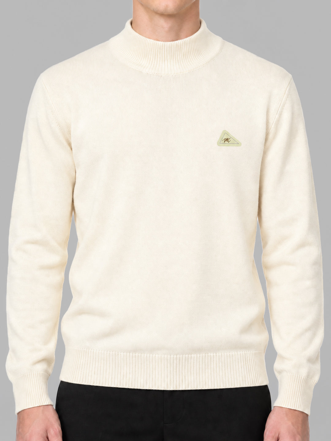 Men Cream Solid Turtle Neck Full Sleeve Pullover
