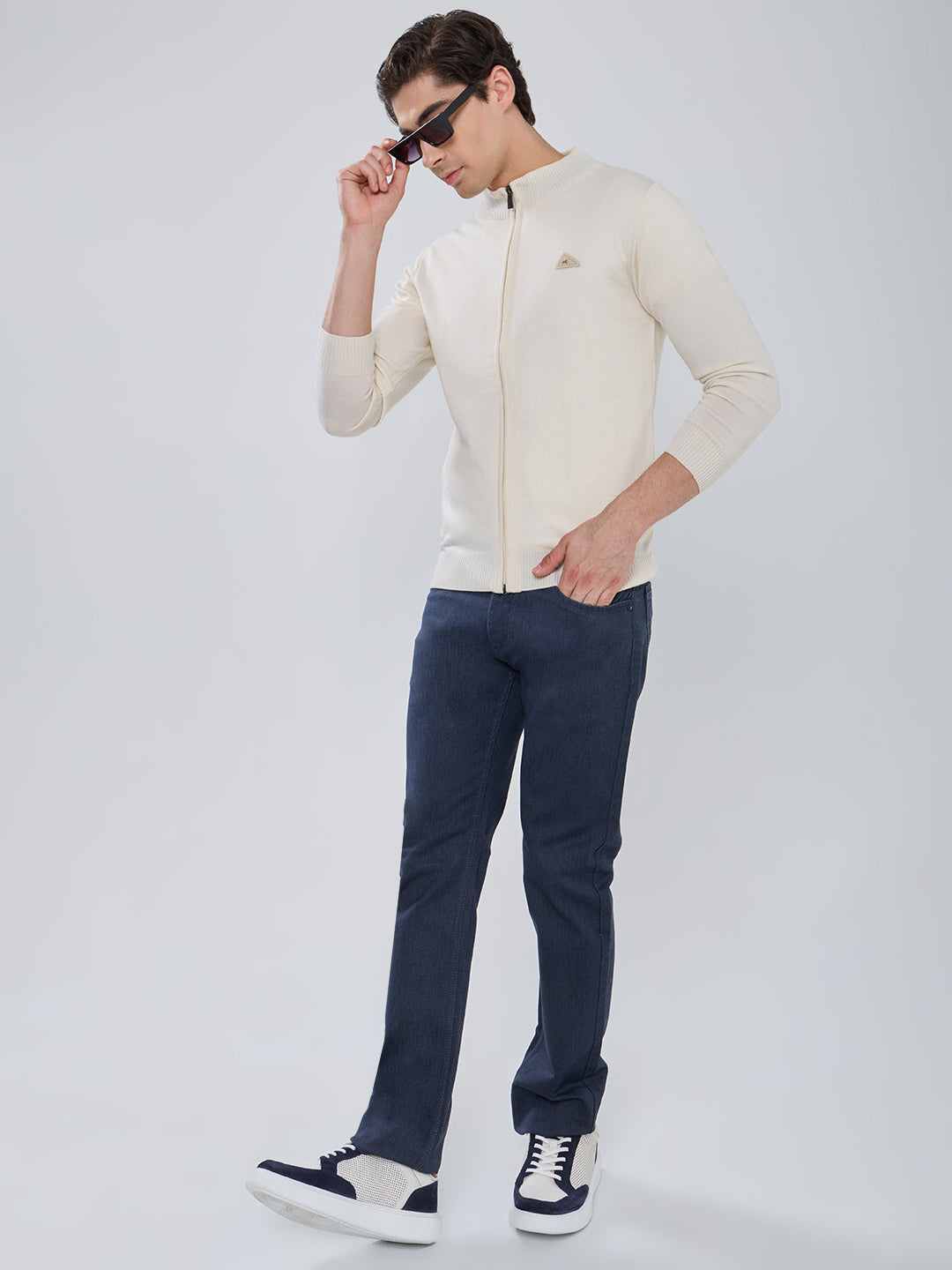Men Cream Solid Turtle Neck Full Sleeve Pullover