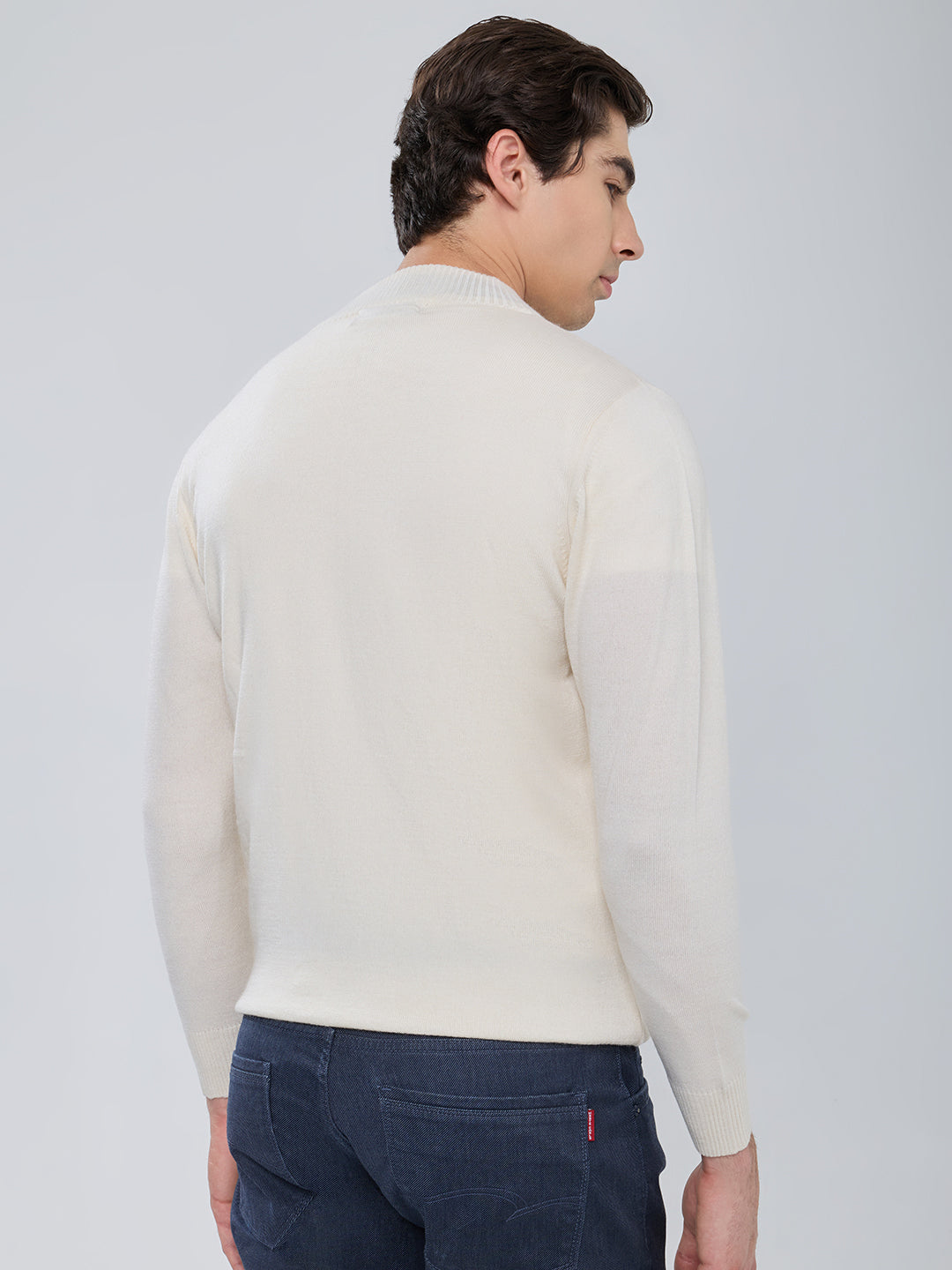 Men Cream Solid Turtle Neck Full Sleeve Pullover