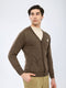 Men Brown Solid V Neck Full Sleeve Cardigan