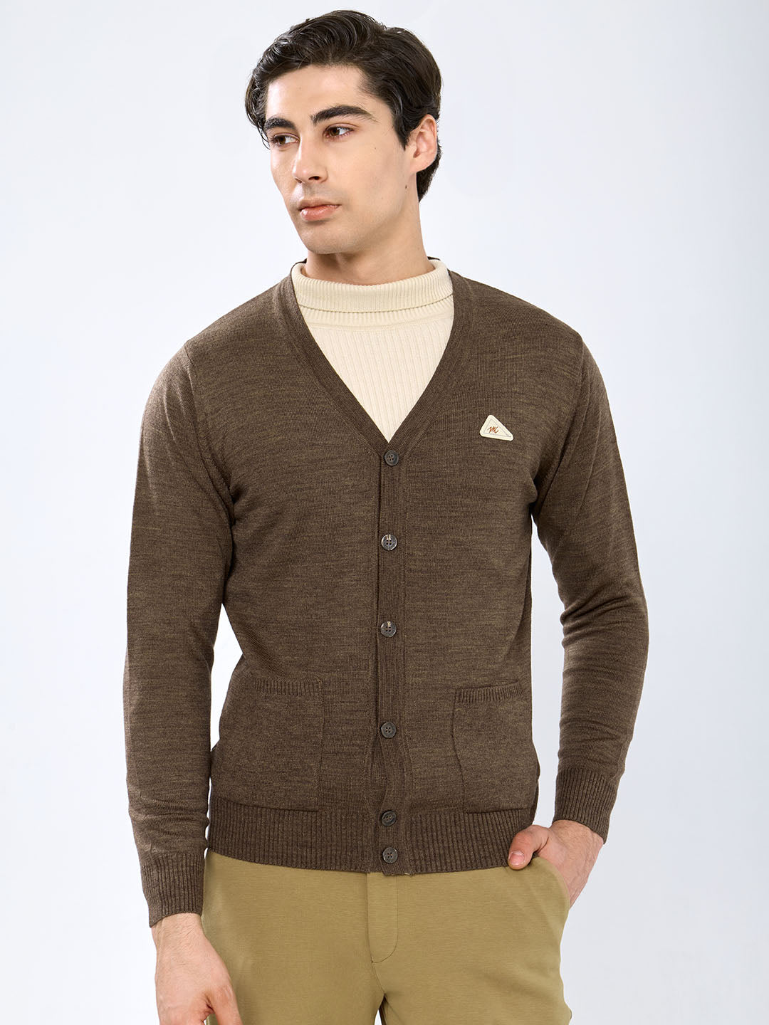 Men Brown Solid V Neck Full Sleeve Cardigan