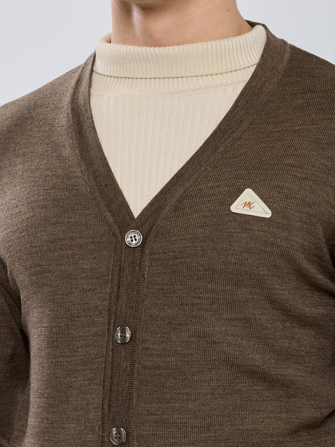 Men Brown Solid V Neck Full Sleeve Cardigan