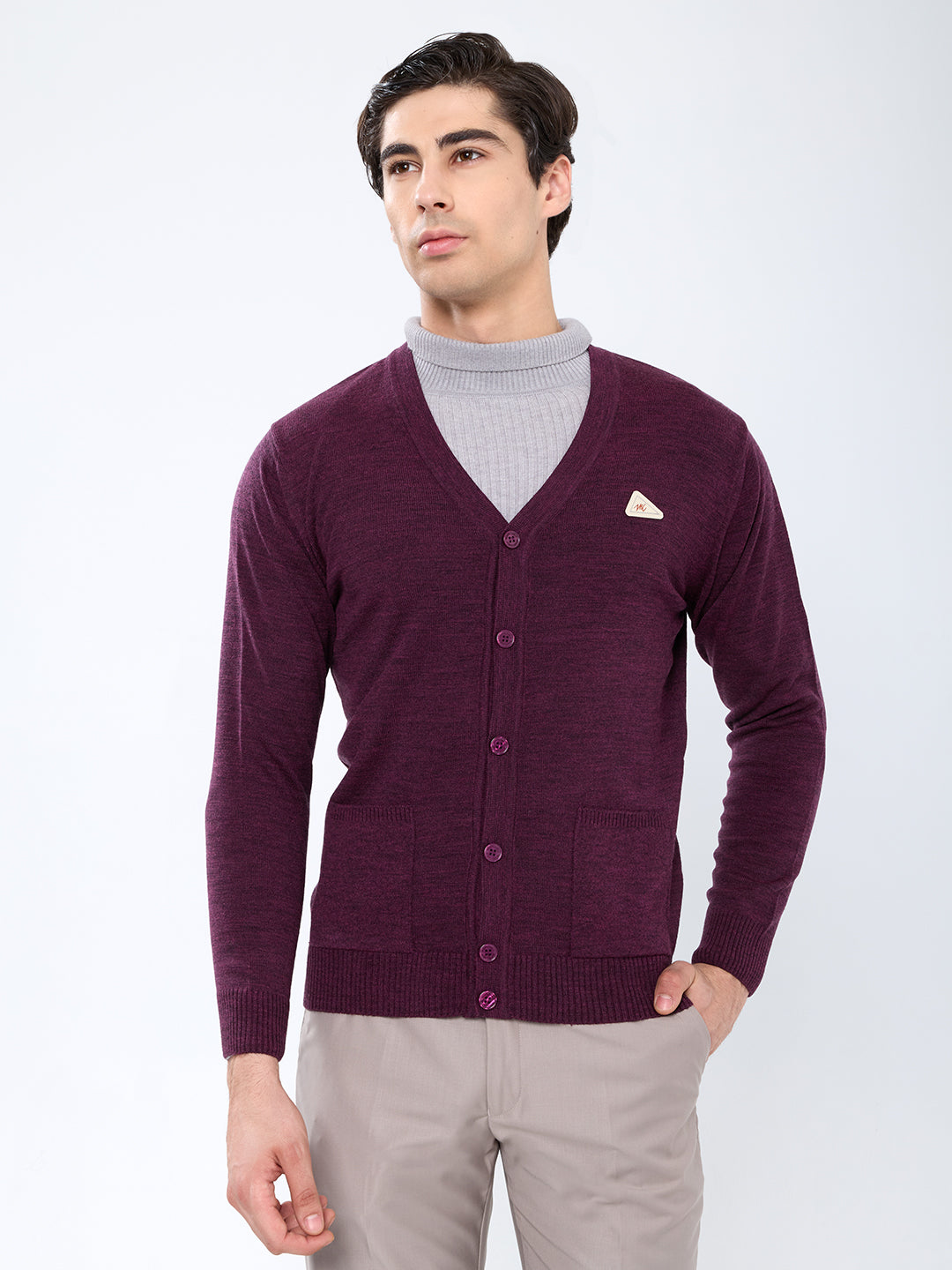 Men Purple Solid V Neck Full Sleeve Cardigan