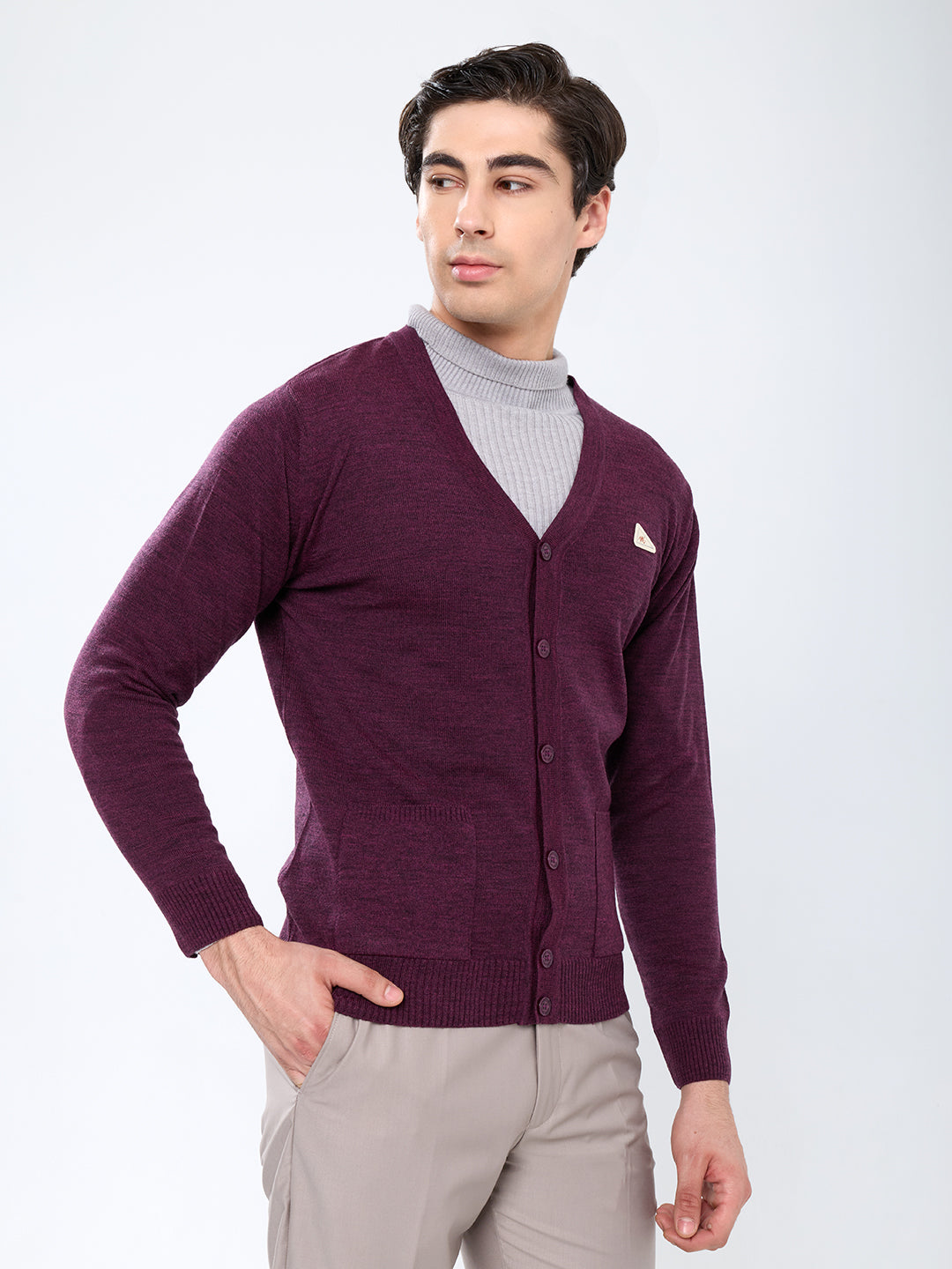 Men Purple Solid V Neck Full Sleeve Cardigan