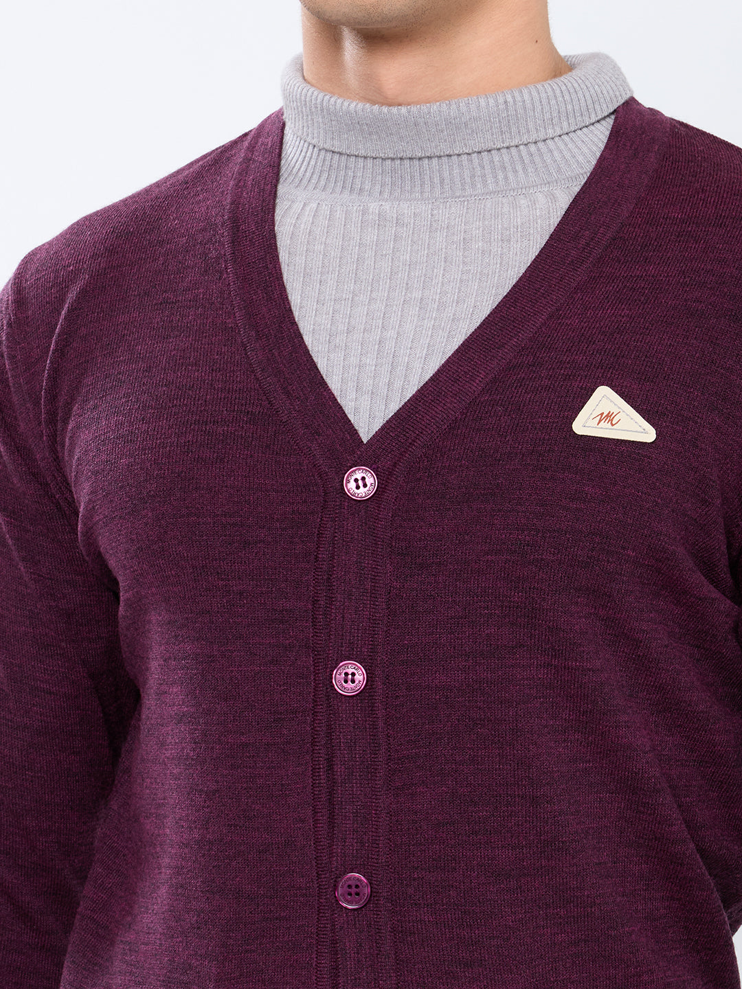 Men Purple Solid V Neck Full Sleeve Cardigan