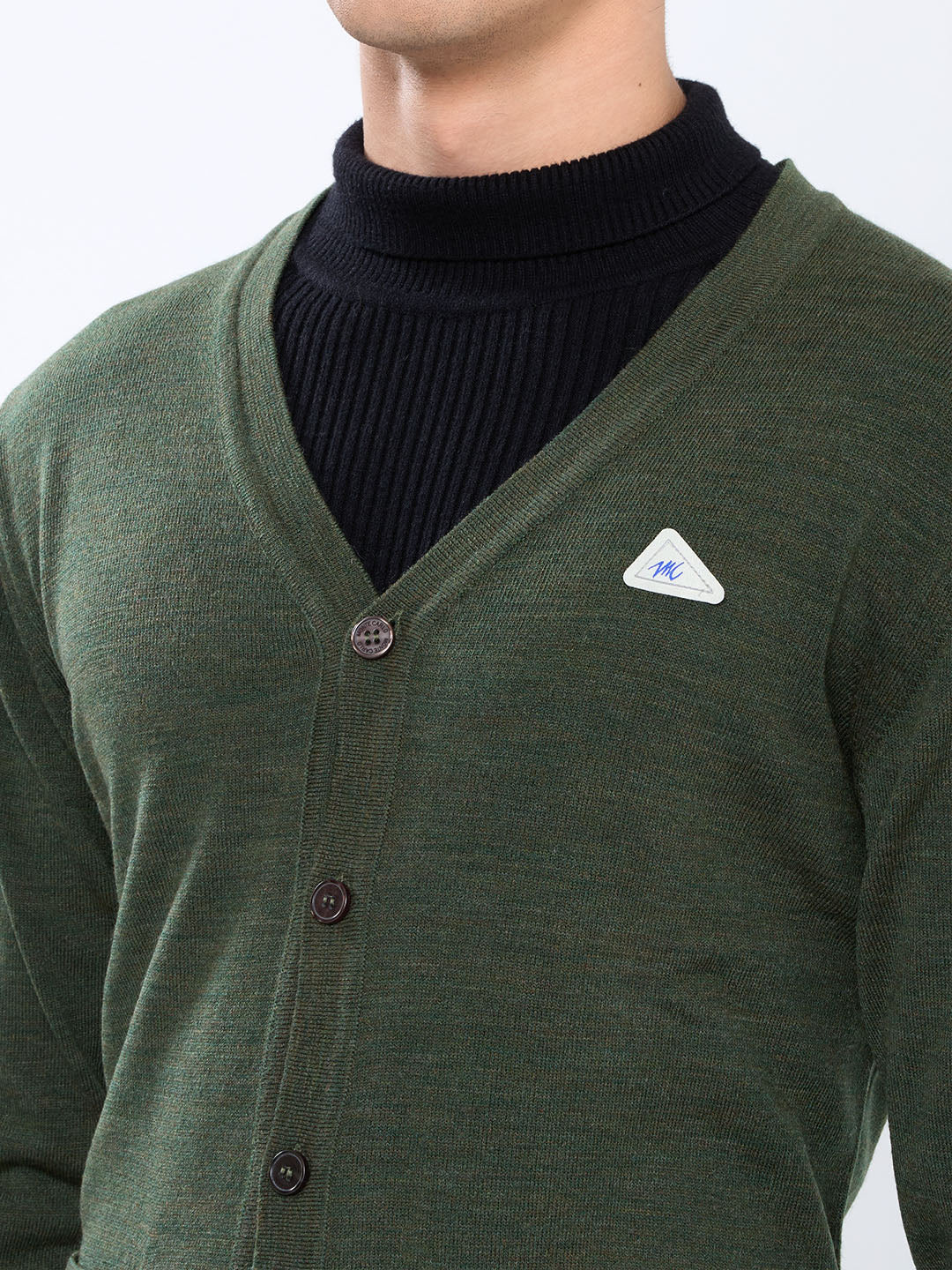 Men Olive Solid V Neck Full Sleeve Cardigan