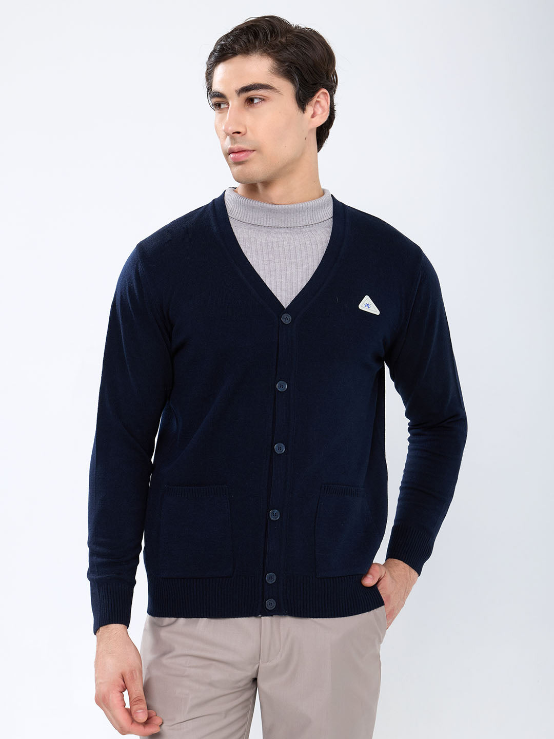 Men Navy Blue Solid V Neck Full Sleeve Cardigan