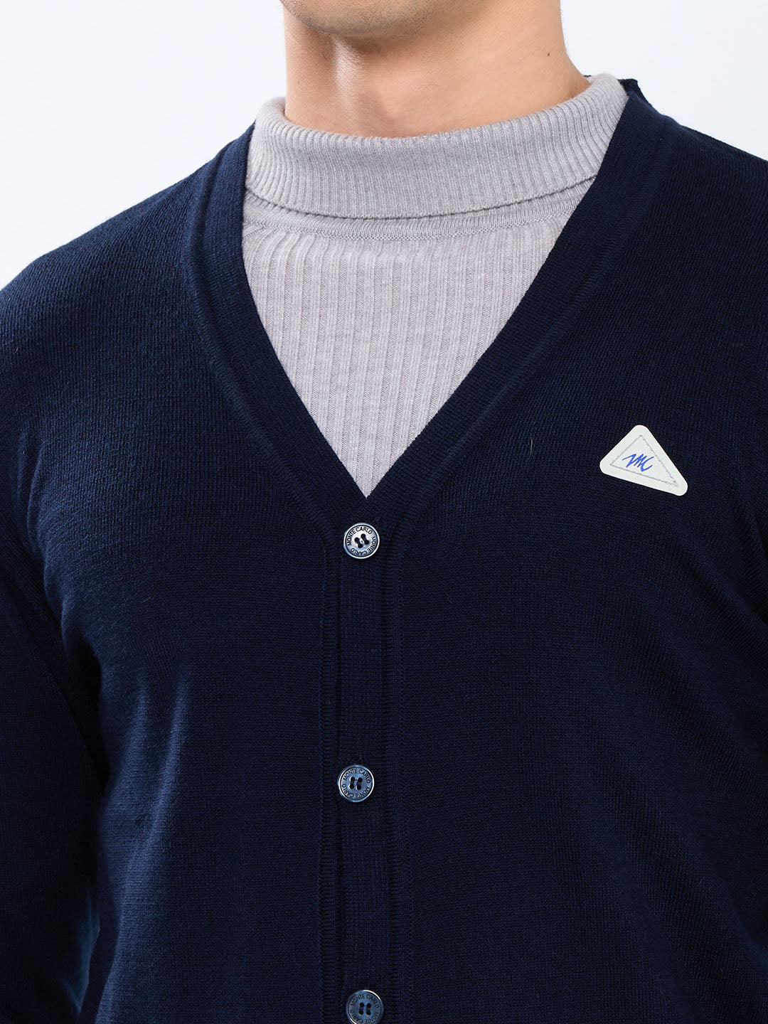 Men Navy Blue Solid V Neck Full Sleeve Cardigan