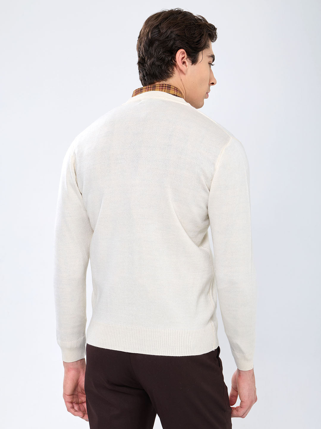 Men Cream Solid V Neck Full Sleeve Cardigan