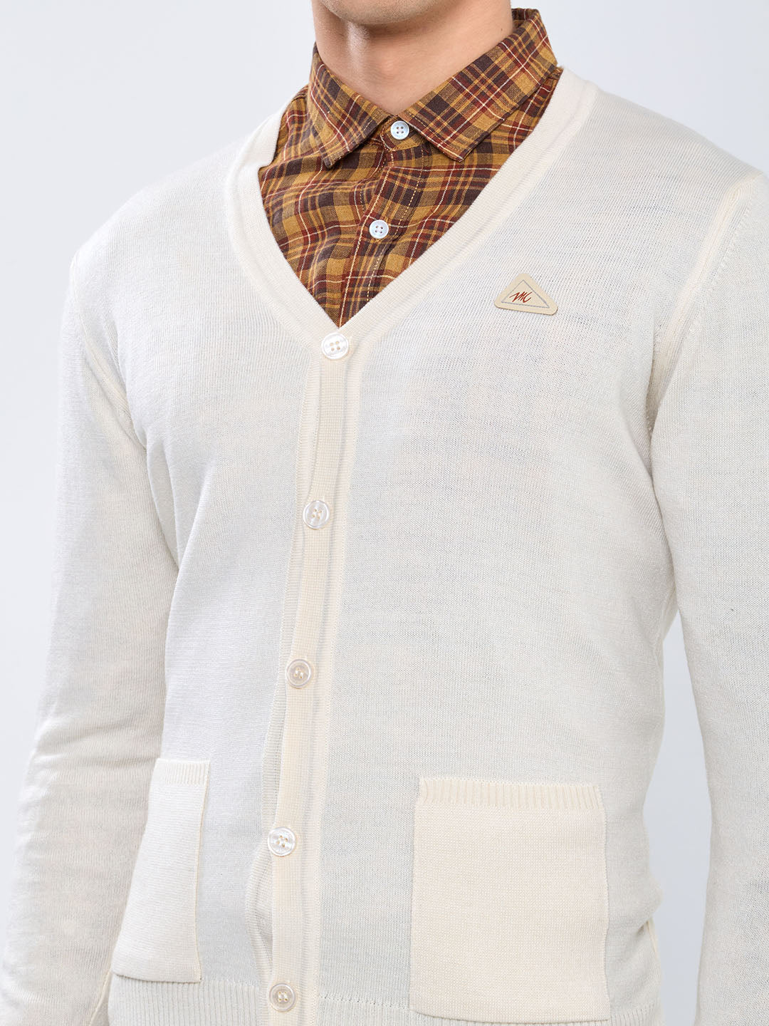 Men Cream Solid V Neck Full Sleeve Cardigan